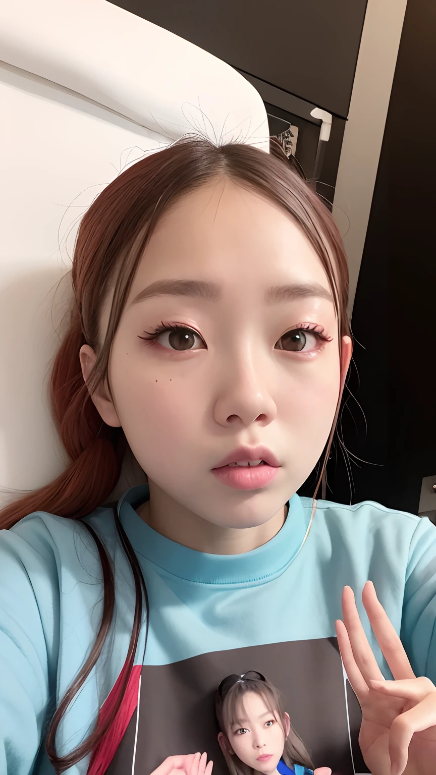 Alafed woman in blue sweatshirt and red and black shirt, roseanne park of blackpink, nffsw, poneyTail、Full body posture、jossi of blackpink, wan adorable korean face, shikamimi, portrait of jossi of blackpink, clear cute face, Larisa Manobal, jaeyeon nam, Korean Girl, Choi Hong Hwa, chiho, korean face features