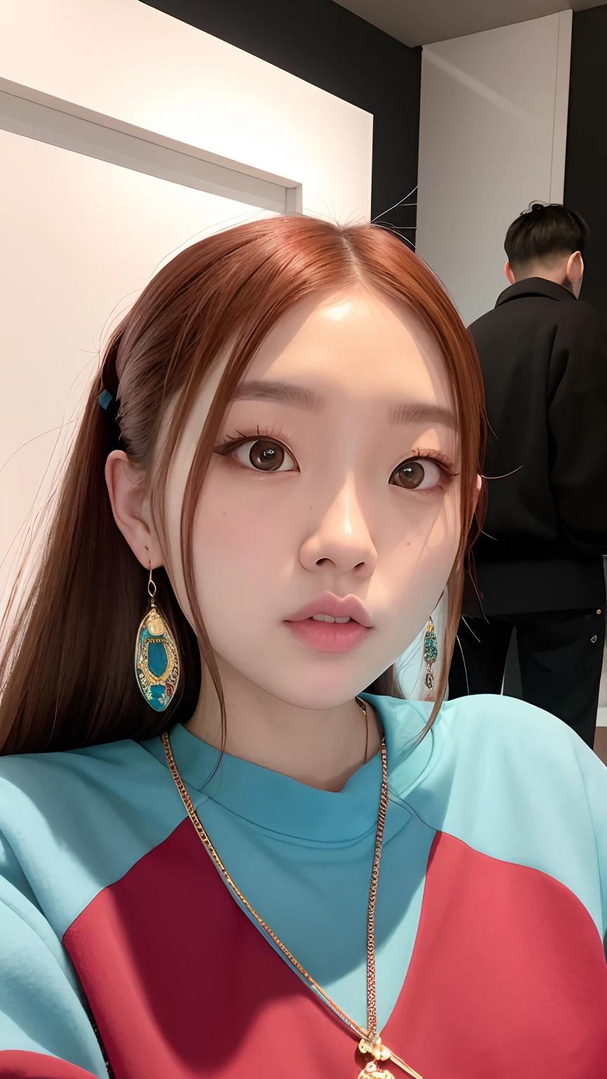 Alafed woman in blue sweatshirt and red and black shirt, roseanne park of blackpink, nffsw, poneyTail、Full body posture、jossi of blackpink, wan adorable korean face, shikamimi, portrait of jossi of blackpink, clear cute face, Larisa Manobal, jaeyeon nam, Korean Girl, Choi Hong Hwa, chiho, korean face features