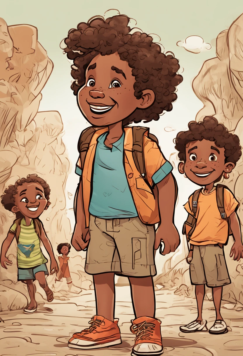 Four excited young adventurers. A brown-skinned boy, There is also a chubby brown-skinned boy and a brown-skinned girl with long curly hair and a curly brown-skinned girl, All wore T-shirts and shorts,Hats and backpacks, character design, Multiple poses and expressions, Cute children's book illustration style, coloring, ، simple, fisherman, Disney, by Pixar, Guibli