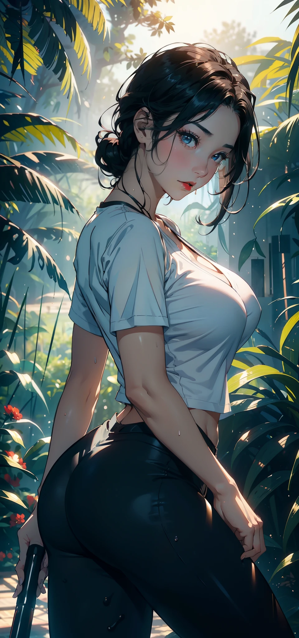 1female，25 age old，Large breasts，long leges，big chest and thin waist，a little bit chubby， photo exposure， 独奏，（Background with：at a forest，the rainforest，in summer） She has short black hair，The stands up，seen from the front， curlies， The sky is mostly cloudy，（（（tmasterpiece），（Very detailed CG unified 8k wallpaper），Best quality，电影灯光，detailed back ground，beautidful eyes，Bright pupils，（very delicate beautiful），（Beautiful and detailed eyes description），ultra - detailed，tmasterpiece，）），facing at the camera，A high resolution，ultra - detailed），Expose breasts exposed，Bare genitals， Camel toes，（dressed in：Nipple rings，White transparent shirt，Sexy denim shorts）nakeness，