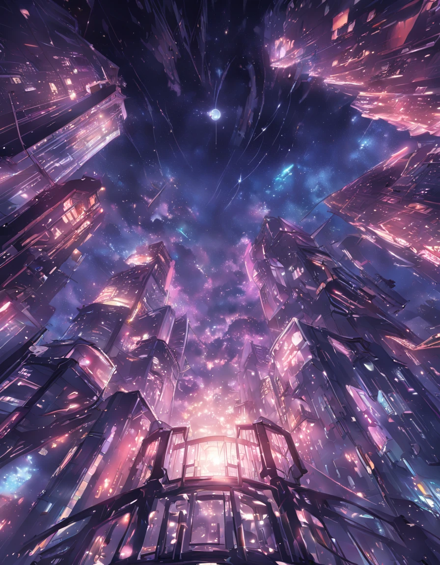 High-tech learning city technology looking up view, From below, Perspective, deep in the night, the night, Best quality dark background。