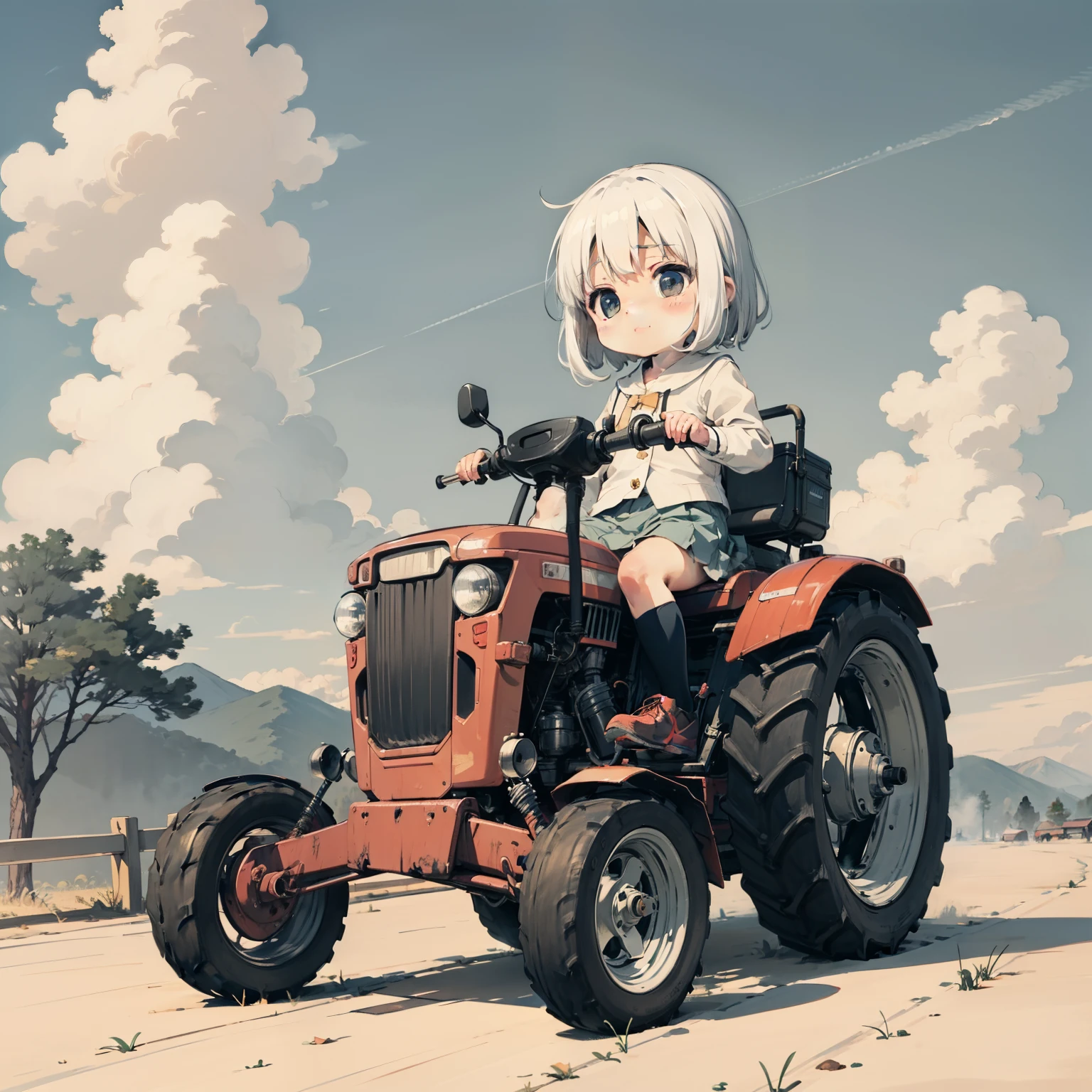 White clouds,,elementary student,A littving a tractor,独奏, (with short white hair:1.2),