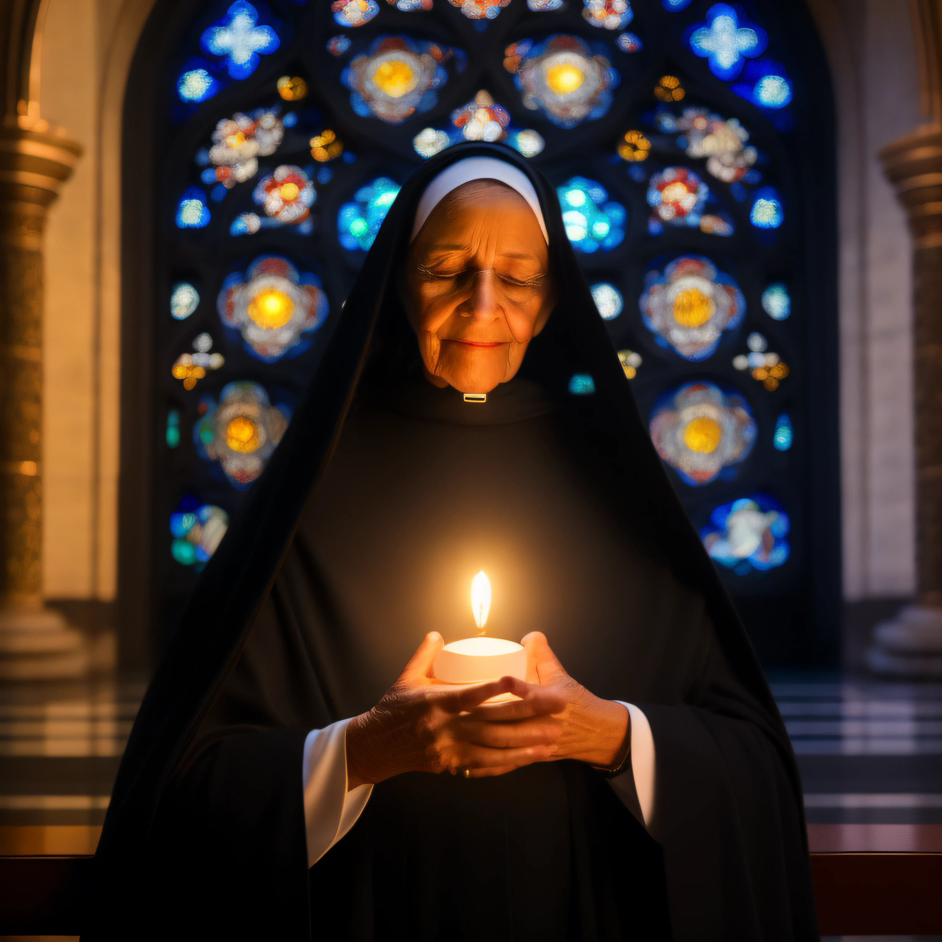 (fotorrealista:1.2), (8K resolution), (melhor qualidade), (master part), Closeup of a nun in black habit. It is within the solemn atmosphere of a beautiful church, surrounded by ornate stained glass windows that project ethereal colors into the serene atmosphere. Os suaves raios de sol filtram-se suavemente, iluminando a cena com um brilho celestial. The woman exudes a sense of inner peace and devotion, with hands clasped in prayer as he embraces the spiritual environment of the sacred space. The serenity and reverence in his expression inspires a sense of calm and contemplation, making it a powerful and deeply moving image of devotion and faith.