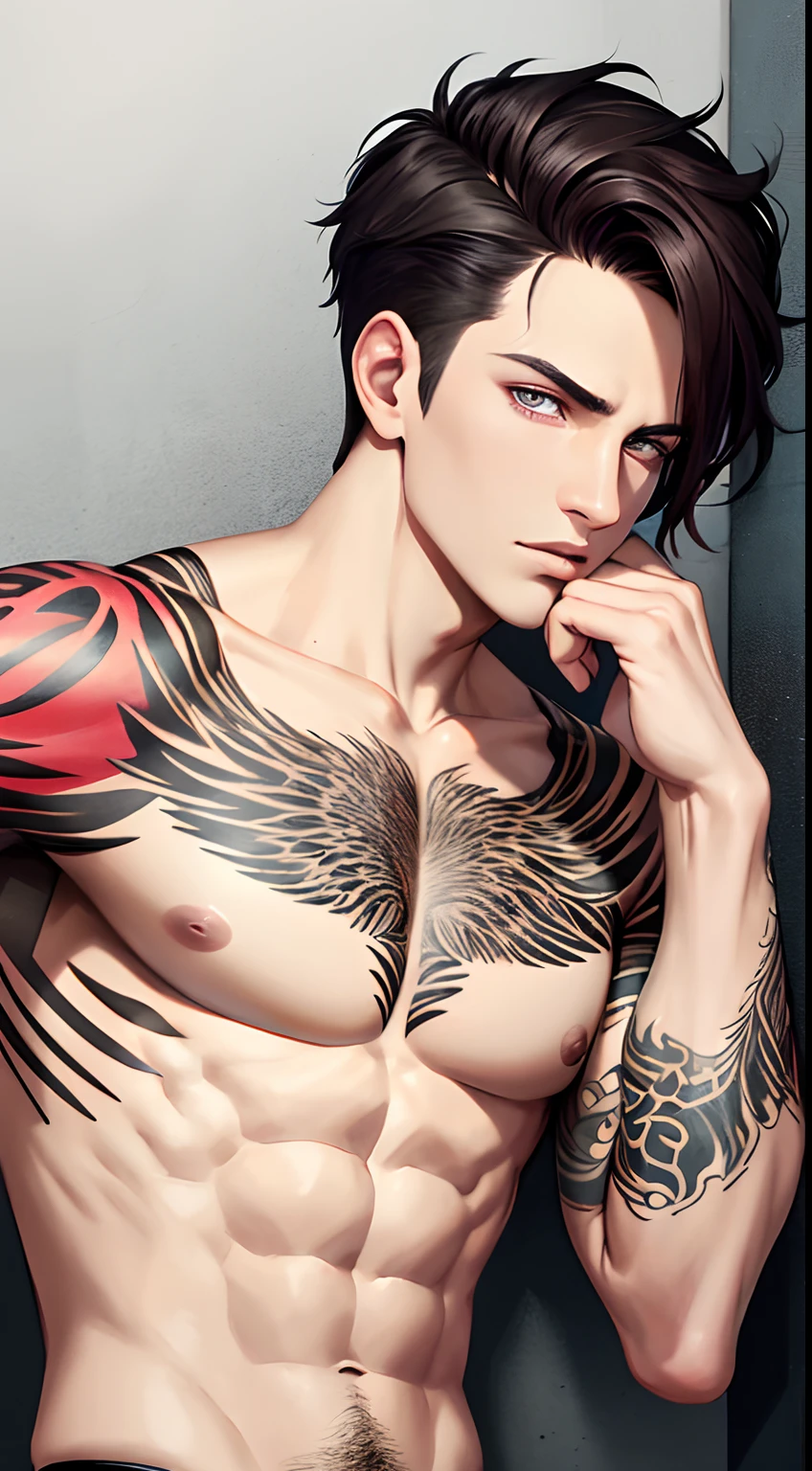 colorful,highest detailed, Young Male with dark brown short hair, heterochromia eyes, handsome, casual clothes, beautiful serious eyes, gangster, slicked back hairstyle, with toned muscle, and tatoo on hand and neck,