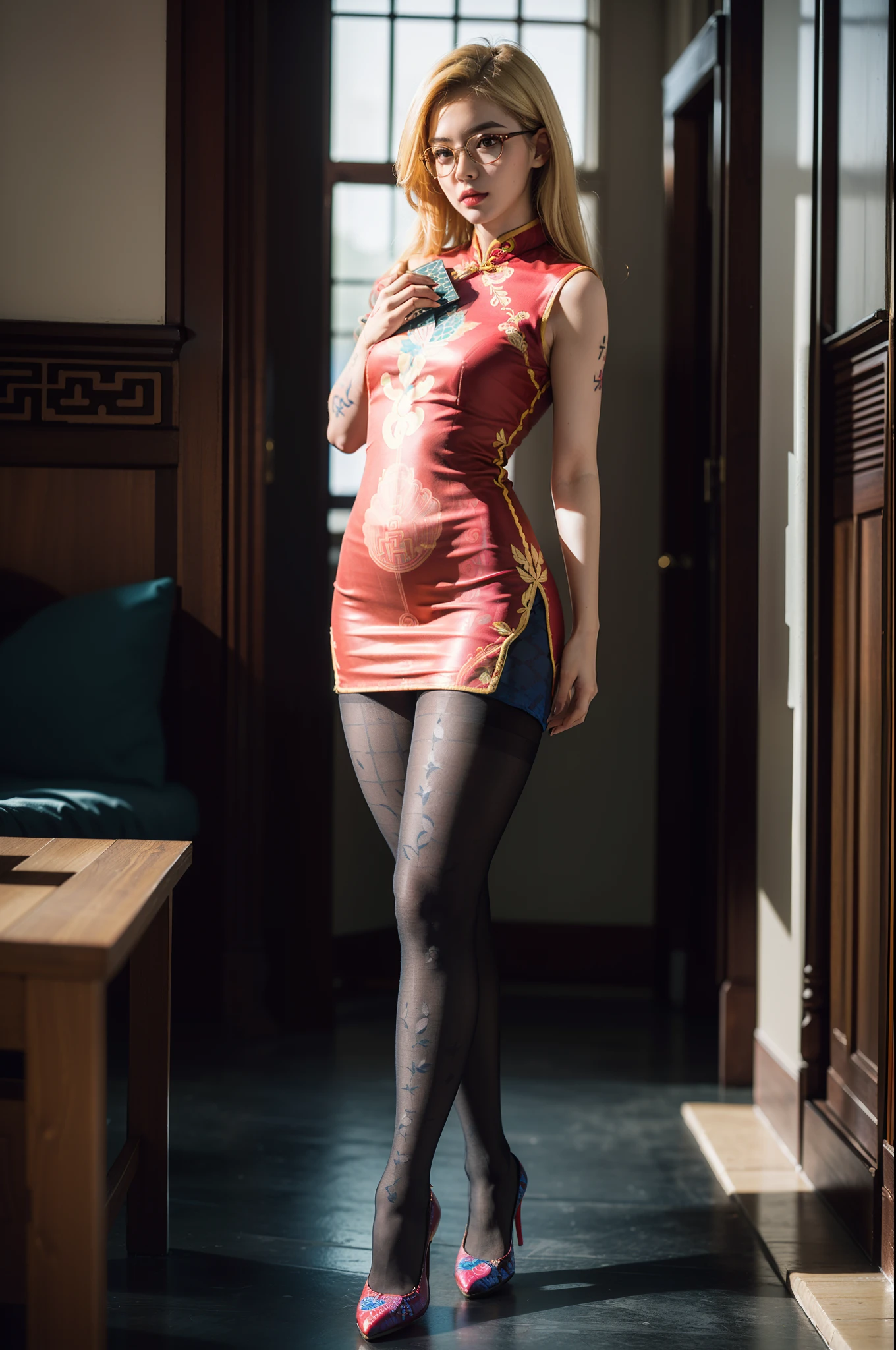 (full body:1.5),(((only one girl)):1.4),(view the viewer:1.4),((anatomy correct):1.45),(((dancing in the palace, Perfectly integrated background))):1.3),(she wears large glasses and Holding book in her hand:1.2),(shy:1.15),((red cheongsam's set):1.2),(((((((patterns)))))) ,((thick pantyhose)):1.3),(((tattoo)):1.3),( Uniform high heels leather shoes with bows for female students:1.1),((Long legs and large chest):1.3),((((colorful))):1.4),(Accurate and perfect face:1.3),((blonde):1.2),hyper HD, Ray traching, reflective light, structurally correct, Award-Awarded, high detail, lighten shade contrast, Face lighting ,cinematic lighting, masterpiece, super detailing, high quality, high detail, best quality, 16k,High contrast,