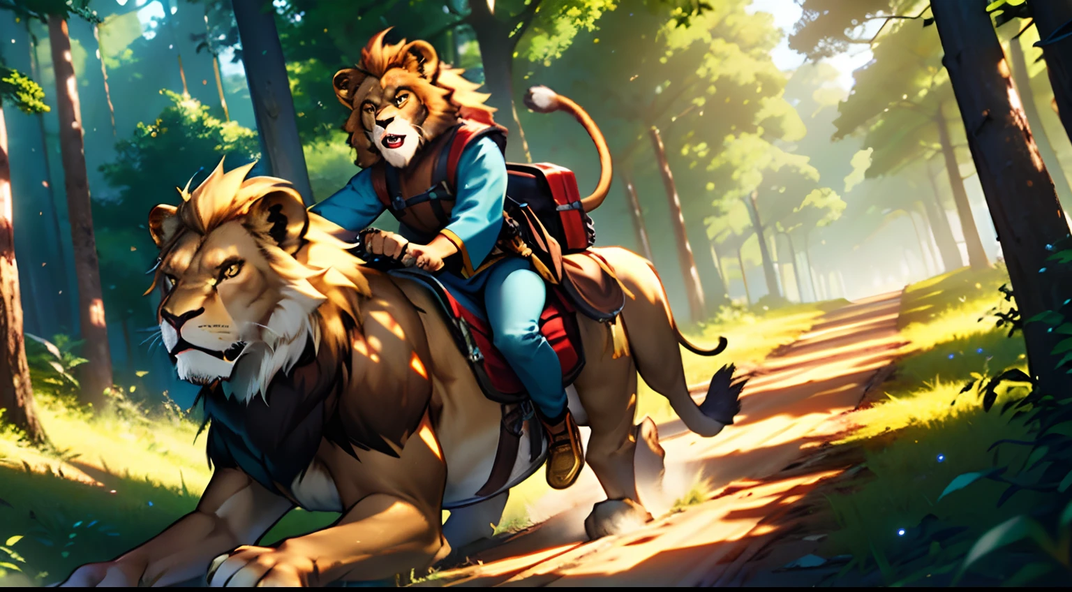Masterpiece, best quality, 8k resolution, cinematic lighting, monkey ride on lion back ,forest,
