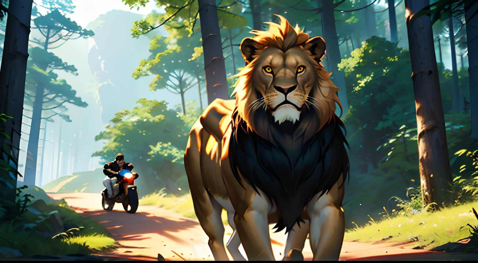 Masterpiece, best quality, 8k resolution, cinematic lighting, monkey ride on lion back ,forest,
