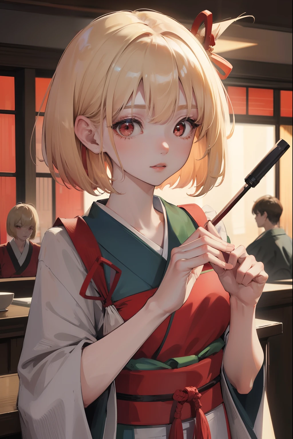 chisatonishikigi, nishikigi chisato, short hair, bangs, blonde hair, (red eyes:1.5), hair ribbon, one side up, bob cut,
BREAK japanese clothes, kimono, apron, red ribbon, waitress, red kimono,
BREAK outdoors, track and field,
BREAK looking at viewer, BREAK (masterpiece:1.2), best quality, high resolution, unity 8k wallpaper, (illustration:0.8), (beautiful detailed eyes:1.6), extremely detailed face, perfect lighting, extremely detailed CG, (perfect hands, perfect anatomy),