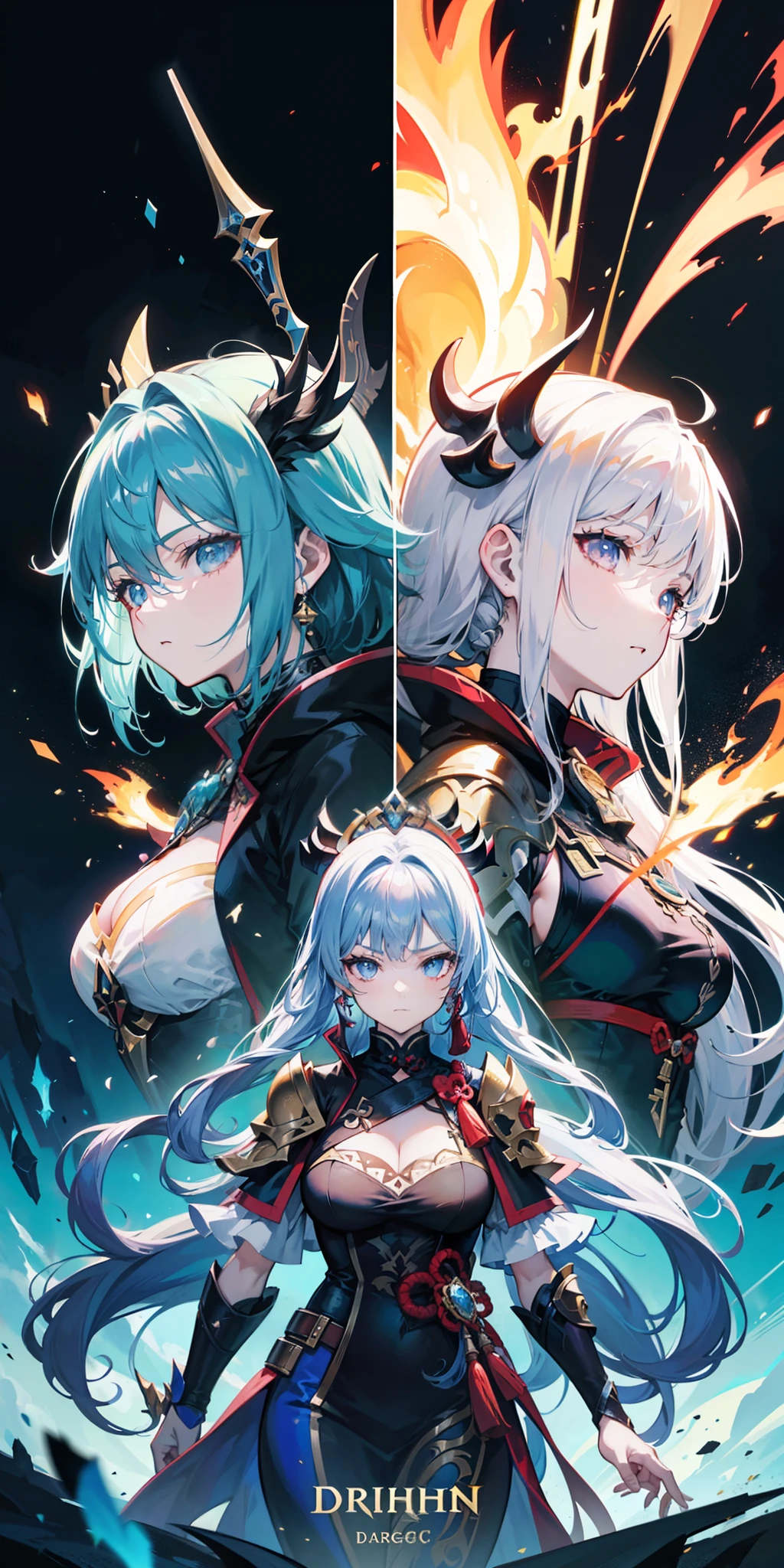 Anime figure,Dark villain,Beauty side face,Long hair flying,(golden headdress),Two age girls back to back,(Simple helmet)Spark ashes burn,The samurai held a sword, Wear contrasting armor, The full picture of the witch and witch skeleton,(standing full-body),((Faraway view)),(HD8K),ultra-wide-angle,The background is gorgeous,the original god, demon anime girl, Angel anime girl,fantasy paladin man, Dragon Knight,Spread your black feathered wings,Mobile Genshin Influence, Anime 8 k, Anime fantasy illustration, Genshin Impact, Tough and cold character, Detailed key anime art, Ayaka Genshin impact, onmyoji portrait,Close-up of shooting random weapons, Comic book epic artwork, Epic fantasy digital art style,Epic fantasy art style, 8K high quality detailed art, Epic fantasy art style HD, Faraway view,Behind him,It is a golden glowing magic array。,Purify the flame,HD anime visuals,full portrait of magical knight,