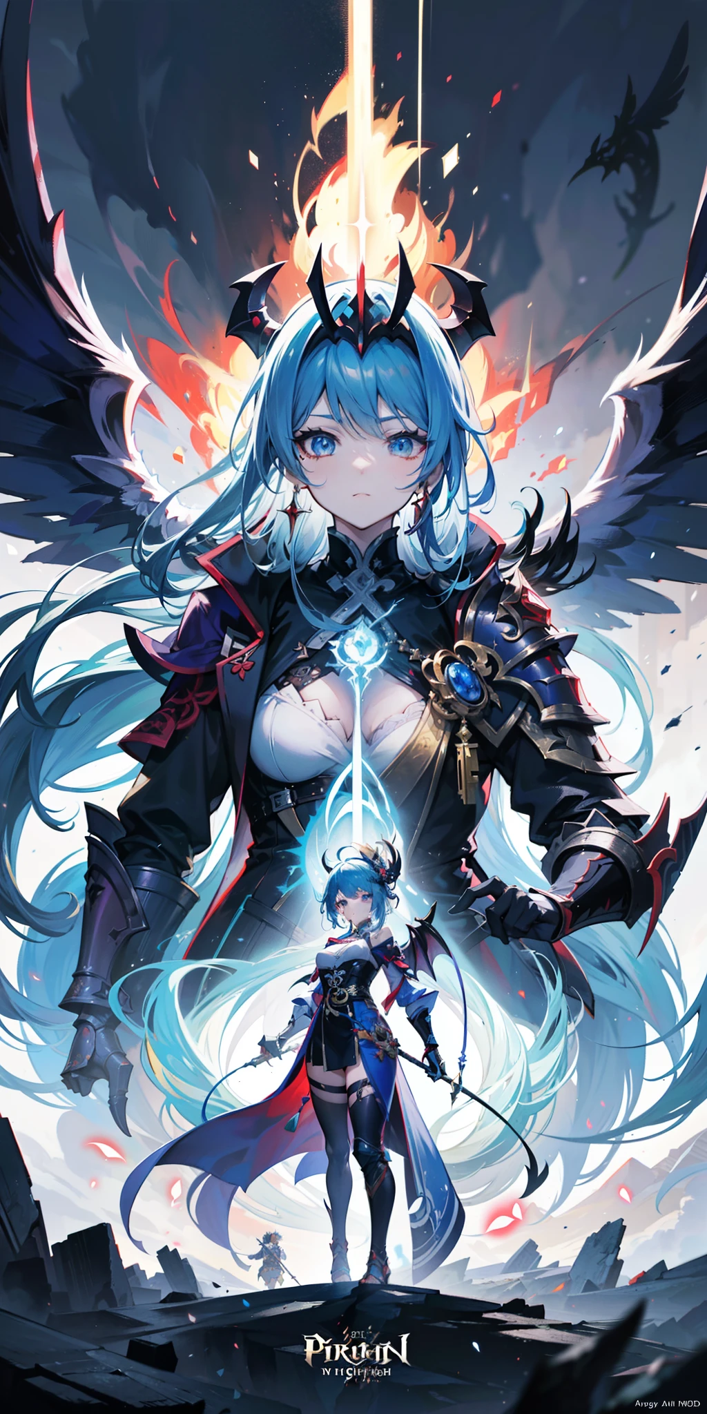Anime figure,Dark villain,Beauty side face,Long hair flying,(golden headdress),Two age girls back to back,(Simple helmet)Spark ashes burn,The samurai held a sword, Wear contrasting armor, The full picture of the witch and witch skeleton,(standing full-body),((Faraway view)),(HD8K),ultra-wide-angle,The background is gorgeous,the original god, demon anime girl, Angel anime girl,fantasy paladin man, Dragon Knight,Spread your black feathered wings,Mobile Genshin Influence, Anime 8 k, Anime fantasy illustration, Genshin Impact, Tough and cold character, Detailed key anime art, Ayaka Genshin impact, onmyoji portrait,Close-up of shooting random weapons, Comic book epic artwork, Epic fantasy digital art style,Epic fantasy art style, 8K high quality detailed art, Epic fantasy art style HD, Faraway view,Behind him,It is a golden glowing magic array。,Purify the flame,HD anime visuals,full portrait of magical knight,