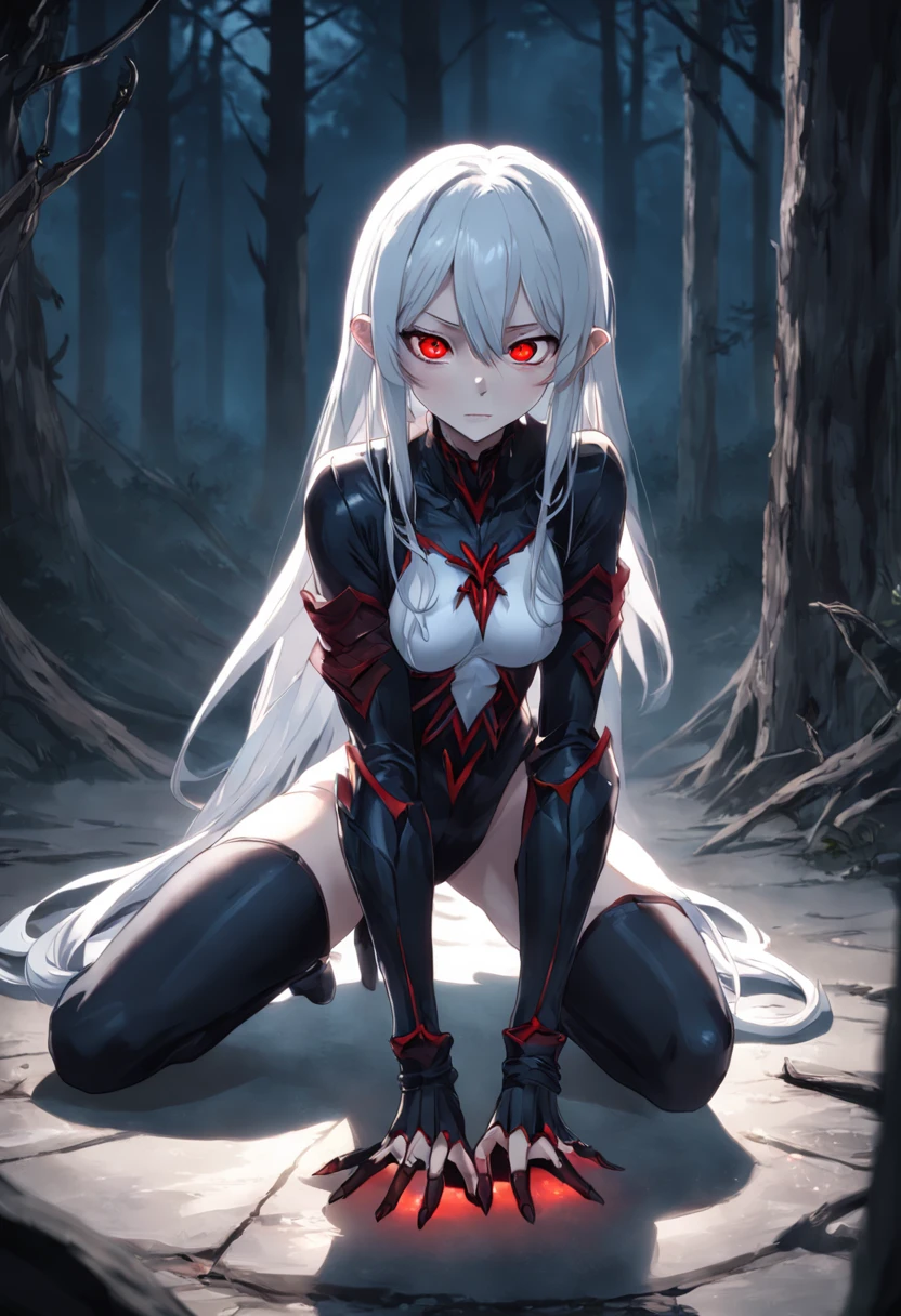 (masterpiece, best quality, highres, ultra-detailed, intricate details), ,sharp focus, hdr, (photorealistic:1.6), cinematic, 8k, hdr, vampire, skinny, 1 girl , with long silver hairs , squatting cowgirl position, ,
((sharp-edged teeth)), ((full body)), kneeling on ground, one hand on ground, looking at viewer, ((((skinny)))), ((white glowing transparent skin)), spectral,
outdoor at night? dark forrest, (fang), open mouth, lust, succubus, necklace cross, red glowing eyes, looking at viewer