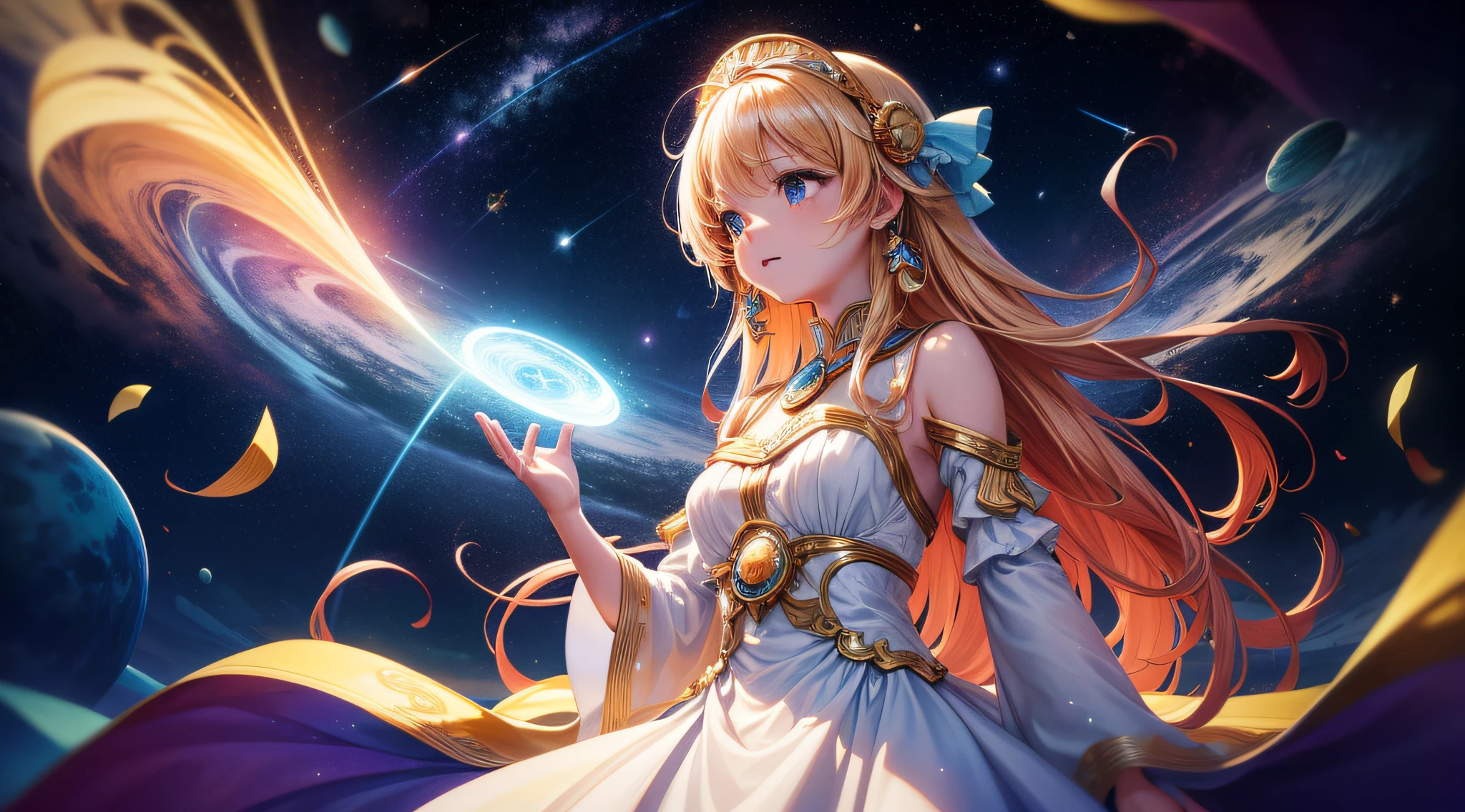 Wonder of the cosmic and musical scene, cena deslumbrante de uma bonita, with flowing hair, Standing on a floating platform in outer space. Ela olha para o planeta Terra, suspenso majestosamente no cosmos escuro. The universe around you is a tumult of cosmic colors, bright stars and ethereal nebulae. Ao seu lado, musical instruments float in space, emitindo ondas de luz e som. The girl seems to be conducting an intergalactic symphony, while the musical notes intertwine with the celestial orbits, creating a unique visual and sound harmony.