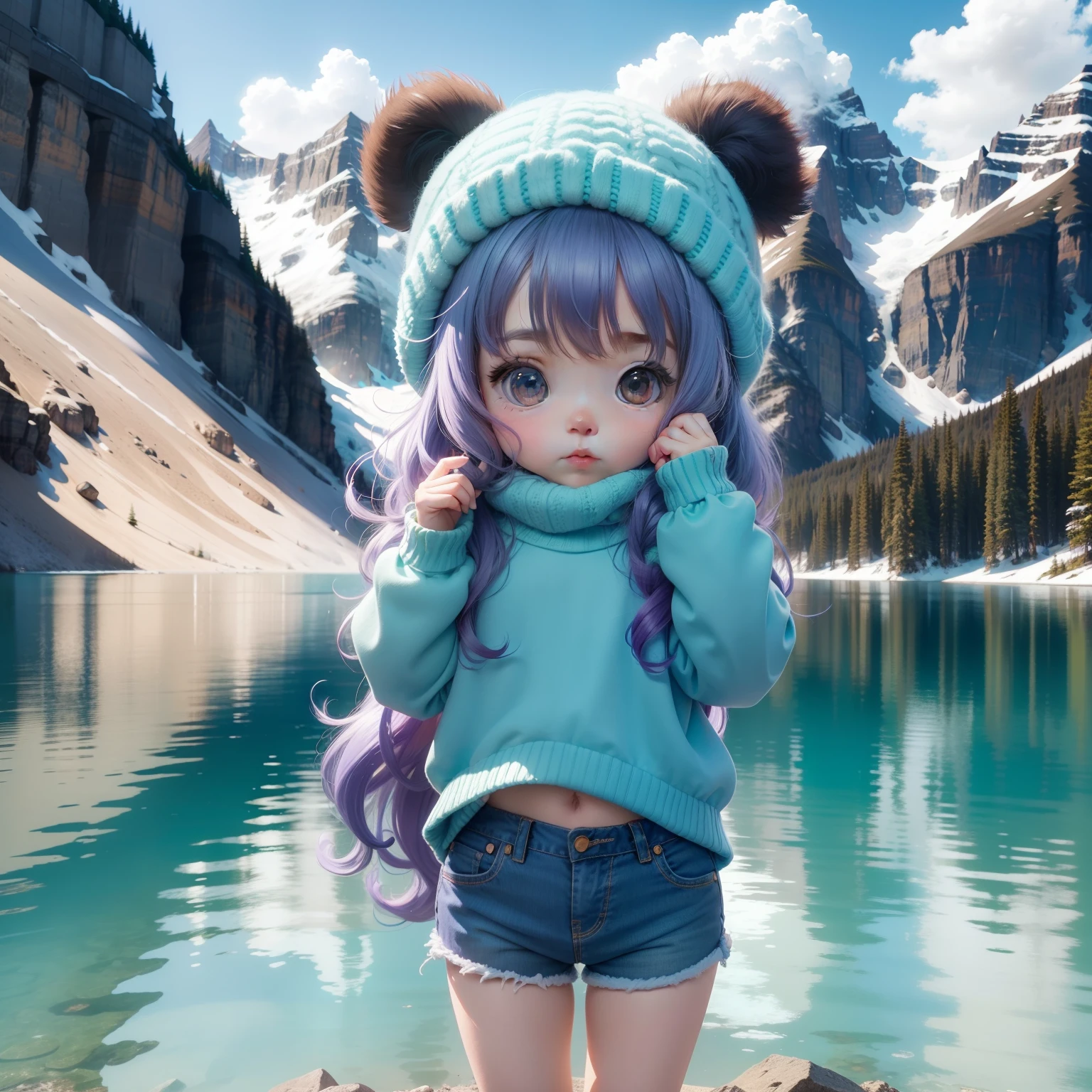 Cute Chibi Anime,long curly hair in aqua blue,White Turtleneck Knitwear,Purple Lame Shorts,Canadian Rockies,Moraine Lake//Koalas eat eucalyptus