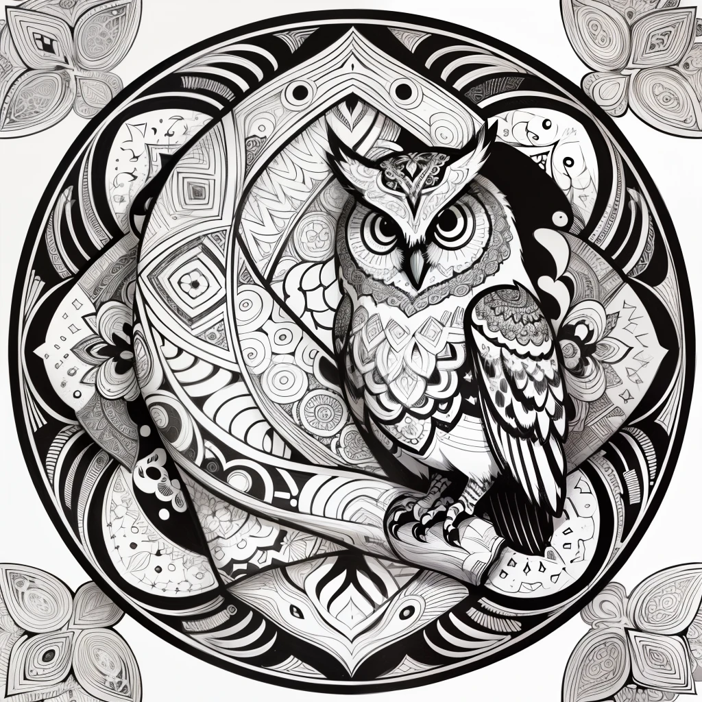 zentangle, fine line art, fine line drawing, coloring book illustratio style, vector art, white and black  graffiti illustration,owl, in the center, white and black colors, paint splashes and blots, Adobe Illustrator, high detail, whitebackground