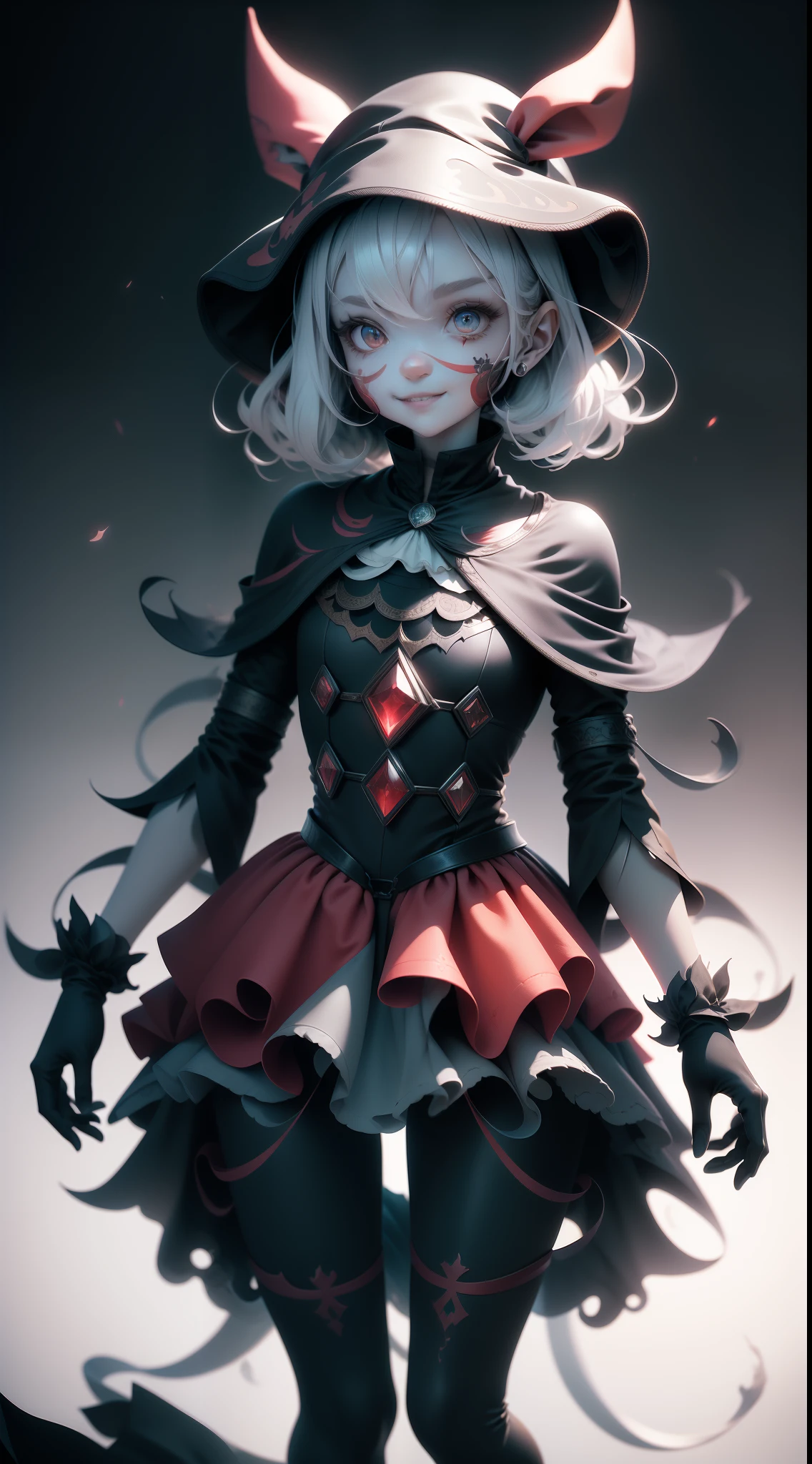 Create full-body digital images in 3D style,Combined with dark fantasy elements. 动态照明,Highlight intricate details. Clear focus and a resolution of at least 4K will ensure a high-quality image. A black background with floating playing cards adds a touch of magic and mystery to the composition. The composition should be perfect. The style of the image should resemble a watercolor, Pastel colors enhance the dark and mysterious atmosphere. The protagonist is a well-portrayed full-body clown, With a striking minimalist mask, No decorations or other details, The shiny silver conveys a mysterious and charming smile, Hide teeth. At the top of the mask, A huge red gemstone stands out. The clown wears a unique and simple black clown suit,With white details, There is also a batwing hat,Adding a touch of mystery..