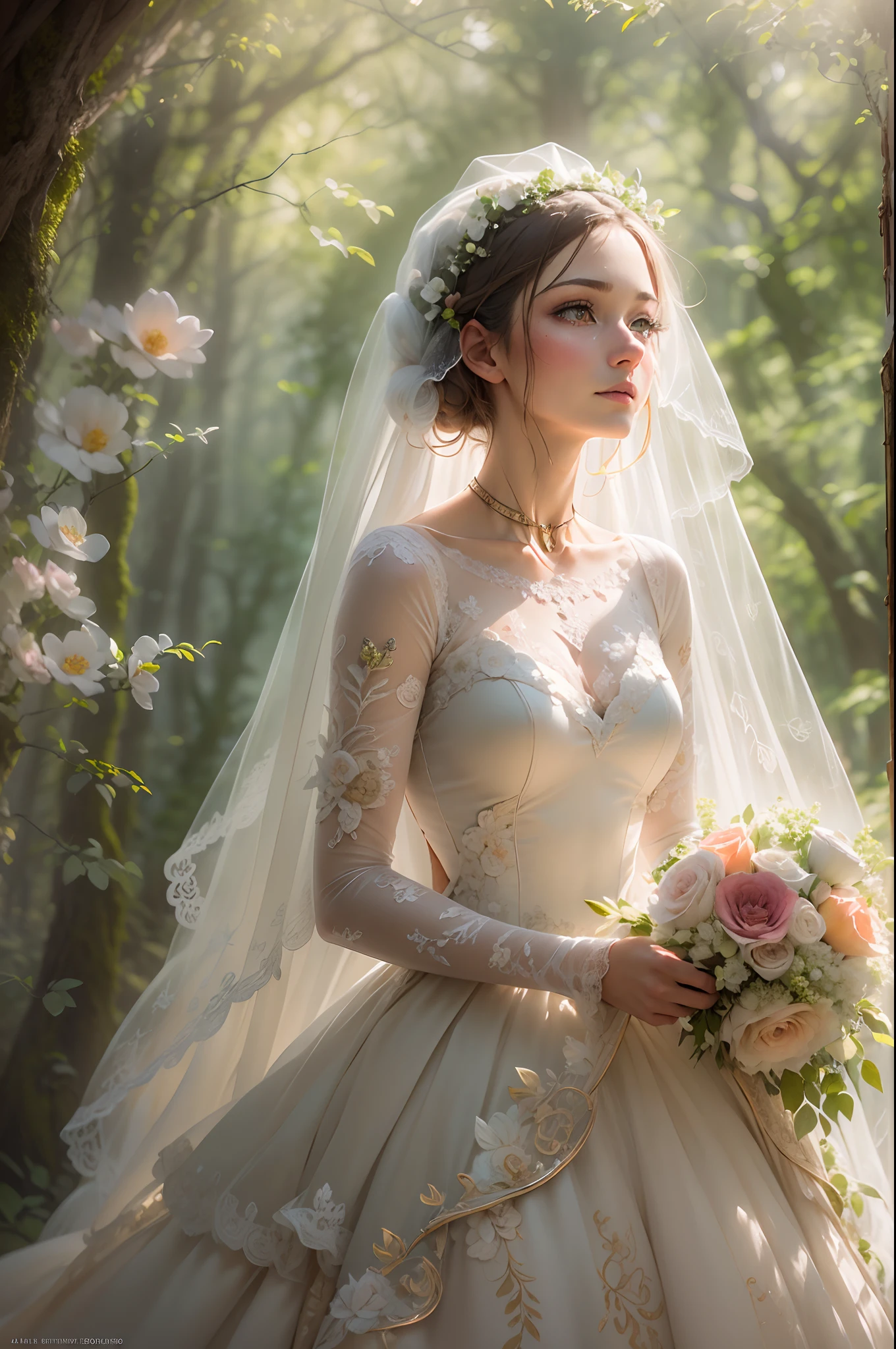 (Taken from head to toe, artistic angle: 1.6)、Portrait of a bride, with layers of A-line ruffles and delicate floral and pattern embroidery.Hobbit weddings. Chapel in the forest. The sun shining through the trees illuminates the bride and creates a magical atmosphere. The Hobbit bride is swooning with a veil over her head and a very beautiful expression on her face..effect///Fluffy pastel colors.fine brushes, Rough, detailed watercolour, soft and fantastic, pastel, Fluffy, (extremely fine and beautiful), (perfect detail)、(pastel color),Soft texture:1.2.(masutepiece, Best Quality), (finely detailed beautiful eye), (finely detailed eyes and detailed face),The tones are also visibly luminous.Pale blurred contours,Unobtrusive lighting, moody atmosphere,subtle highlights