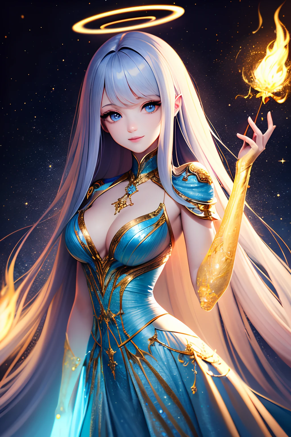 ((best qualtiy)), ((tmasterpiece)), ((Realistis)), sportrait, 1girll, Um ser celestial, Deities, goddes, light particules, Halo, looking at viewert, (Bio-luminescence:0.95),with dynamism,Colorful,a color,(with light glowing,with light glowing), (Beautiful composition), 电影灯光, iintricate, (对称:0.5), whimsically,Superb face,Super beautiful blue long hair,Super beautiful body