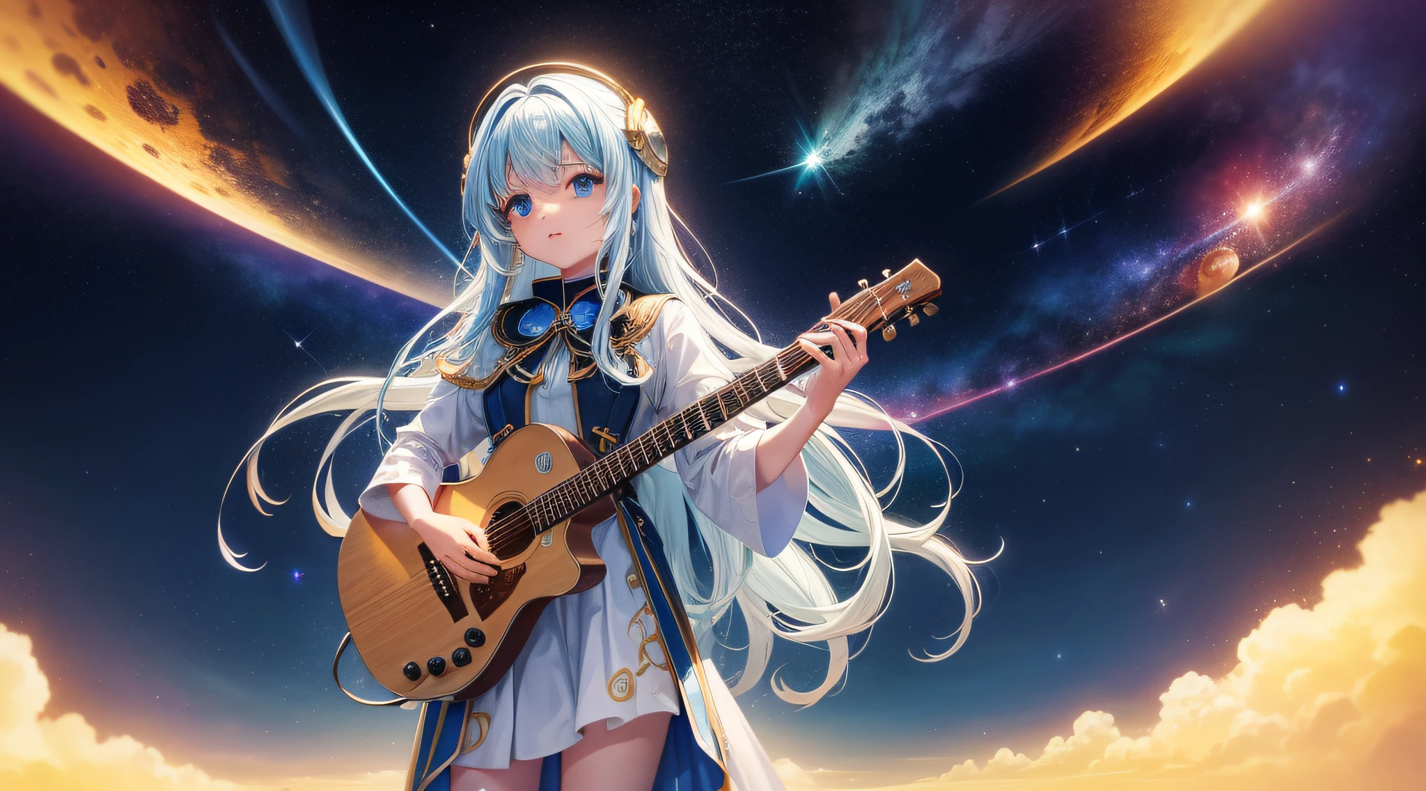 Wonder of the cosmic and musical scene, cena deslumbrante de uma bonita, with flowing hair, Standing on a floating platform in outer space. Ela olha para o planeta Terra, suspenso majestosamente no cosmos escuro. The universe around you is a tumult of cosmic colors, bright stars and ethereal nebulae. Ao seu lado, musical instruments float in space, emitindo ondas de luz e som. The girl seems to be conducting an intergalactic symphony, while the musical notes intertwine with the celestial orbits, creating a unique visual and sound harmony.