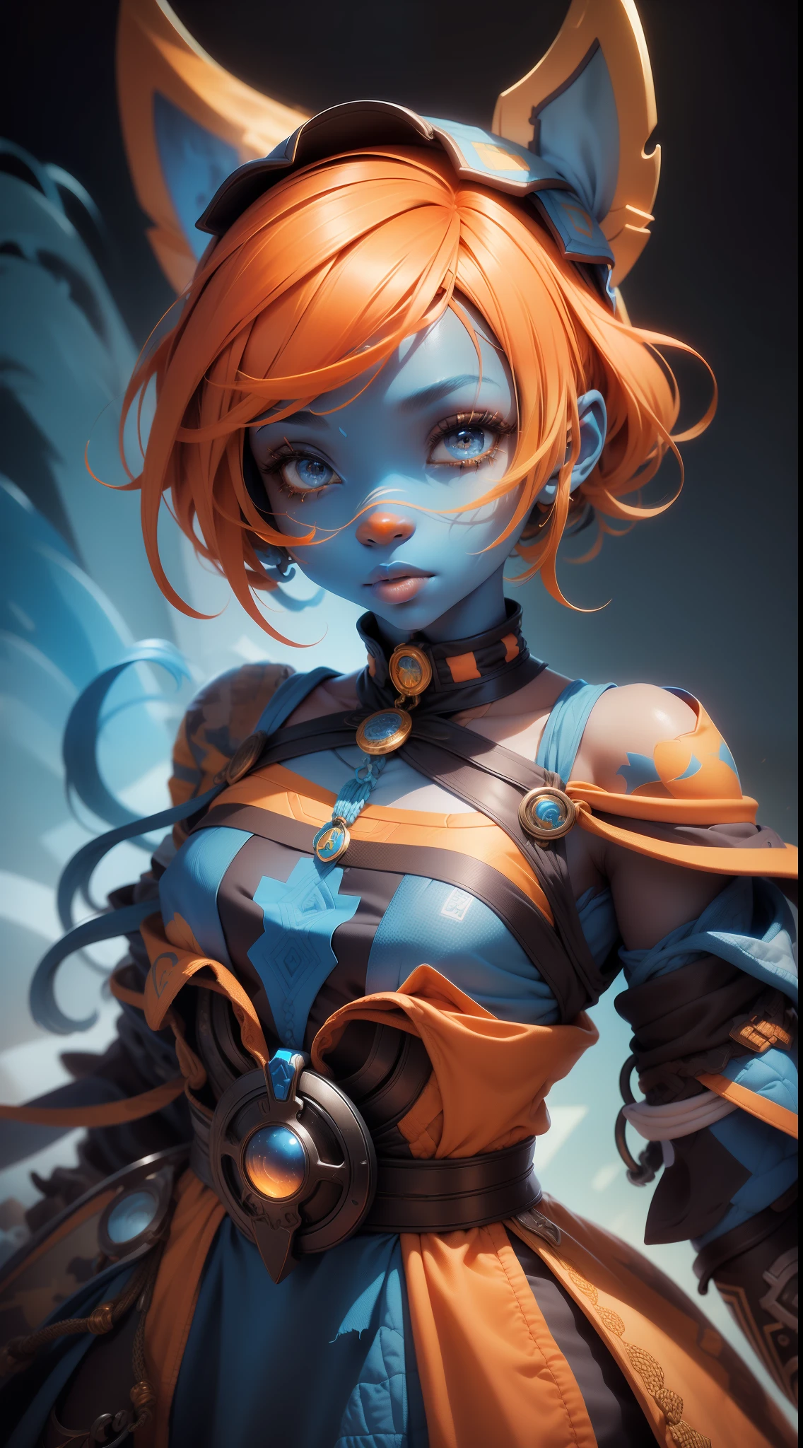age uncensored (African American facial features) with blue skin, and orange hair, Wearing (A dress made of colorful quilts) Write fantasy stories, Abstract Realism, Imaginative realism