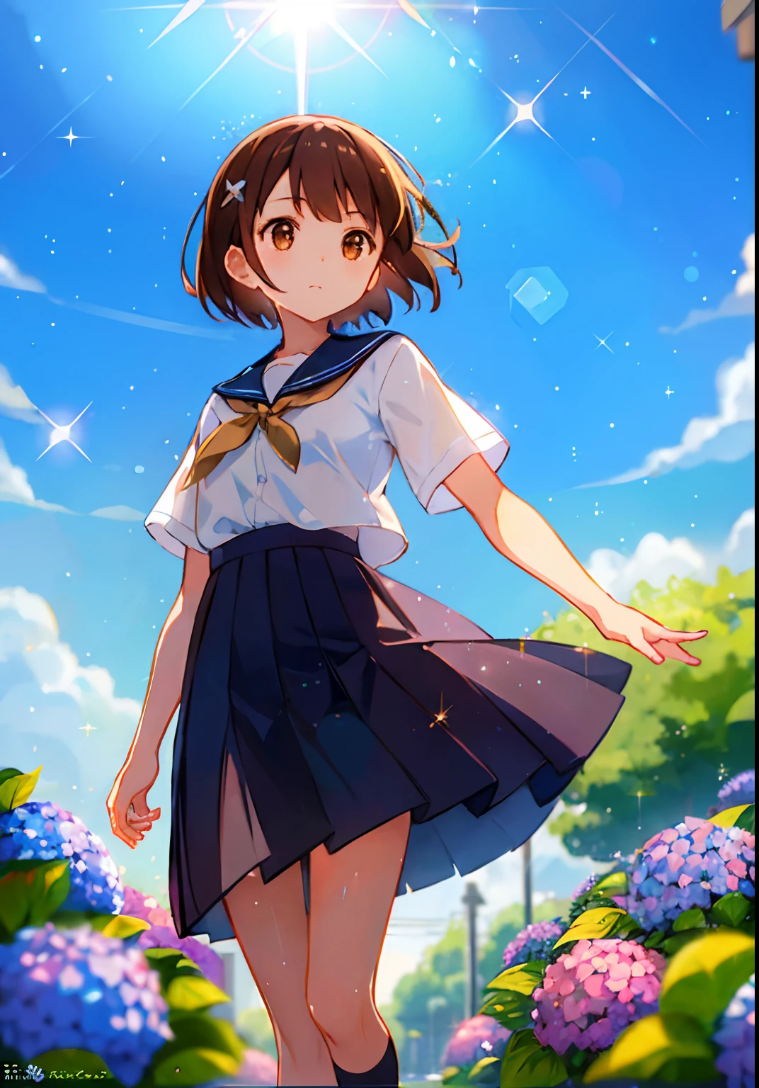 (solo), cute little (1girl) walking,path,[from below:1.2],brown hair,sine short hair,brown eyes,puddle,Water Reflection,rain,floating water drop,hydrangea,(blurry foreground),dynamic angle,asphalt,(blue sky),lens flare,school uniform,(glitter:1.2)