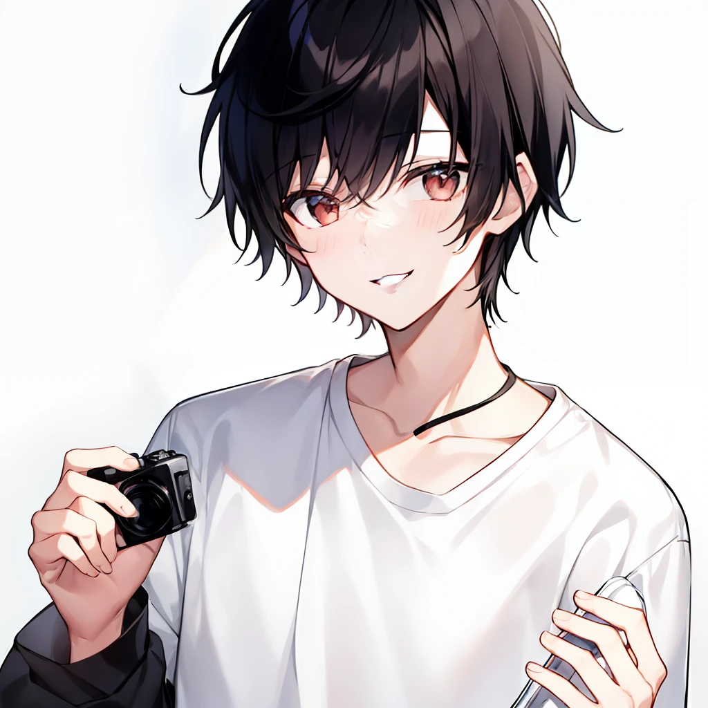 1boy, black hair,White shirt,smile, holding camera