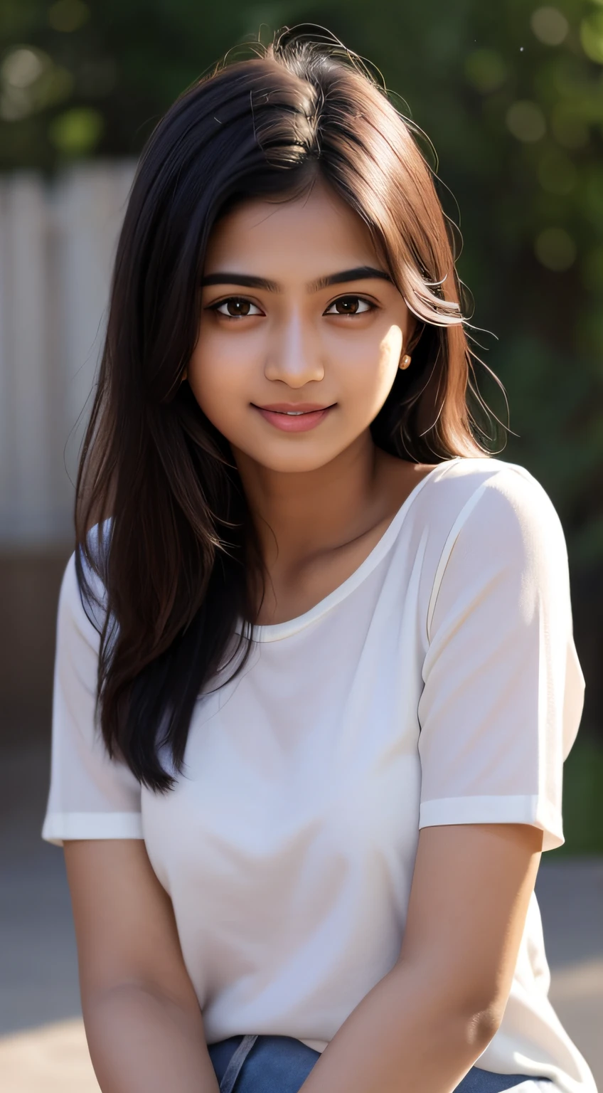 young Indian girl, Indian face, 18-year-old, red top, gentle lighting, intricate facial details, flawless complexion, top-notch 3D rendering, hyper-realistic, shot on Indian road, subtle smile.