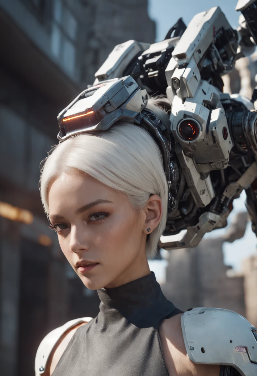 Rihanna with a white short hair, ((Best Quality)), ((Masterpiece)), (Very Detailed:1.3), 3D, Shitu-mecha, Beautiful cyberpunk woman wearing a crown with her mecha in ruins of a city of forgotten wars, streets with mecha in firefight, long silver hair, sci-fi technology, HDR (High Dynamic Range), ray tracing, NVIDIA RTX, super resolution, Unreal 5, subsurface scattering, PBR texture, post-processing, anisotropic filtering, depth of field, maximum sharpness and sharpness, Multi-layer textures, albedo and specular maps, surface shading, accurate simulation of light-material interactions, perfect ratios, octane rendering, duotone lighting, low ISO, white balance, rule of thirds, wide aperture, 8K RAW, efficient sub-pixels, subpixel convolution, luminous particles, light scattering, Tyndall effect