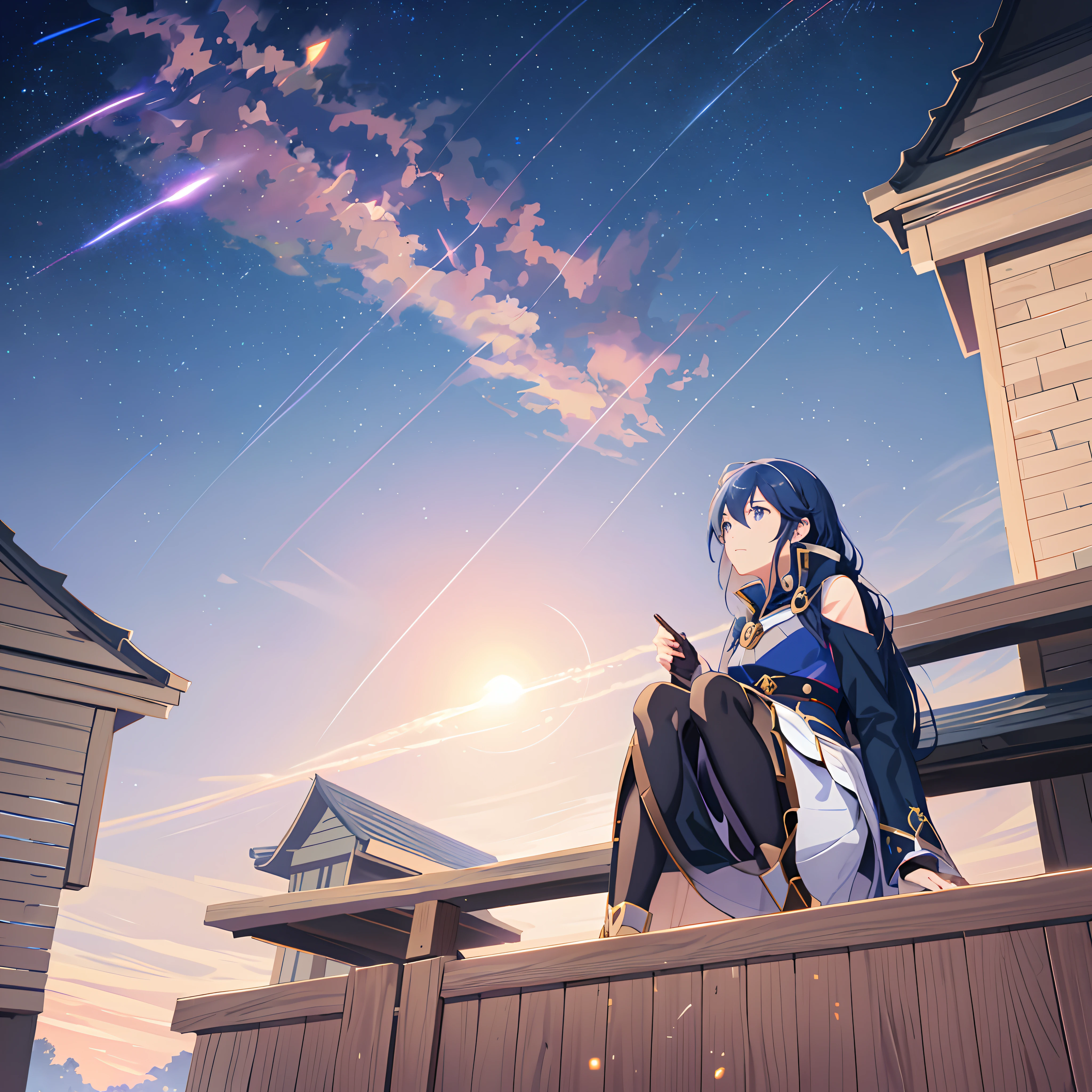 Anime girl sitting on a fence looking at the star trail, Cosmos Sky. By Makoto Shinkai, author:Kaneokase Kane, 《Fire emblem》Lucina, Anime style mixed with Fujifilm, During meteor storms, Beautiful anime artwork, Marin Kitagawa fanart, high detailed official artwork, Anime Sky, anime background key visual, Detailed key anime art, Beautiful anime art