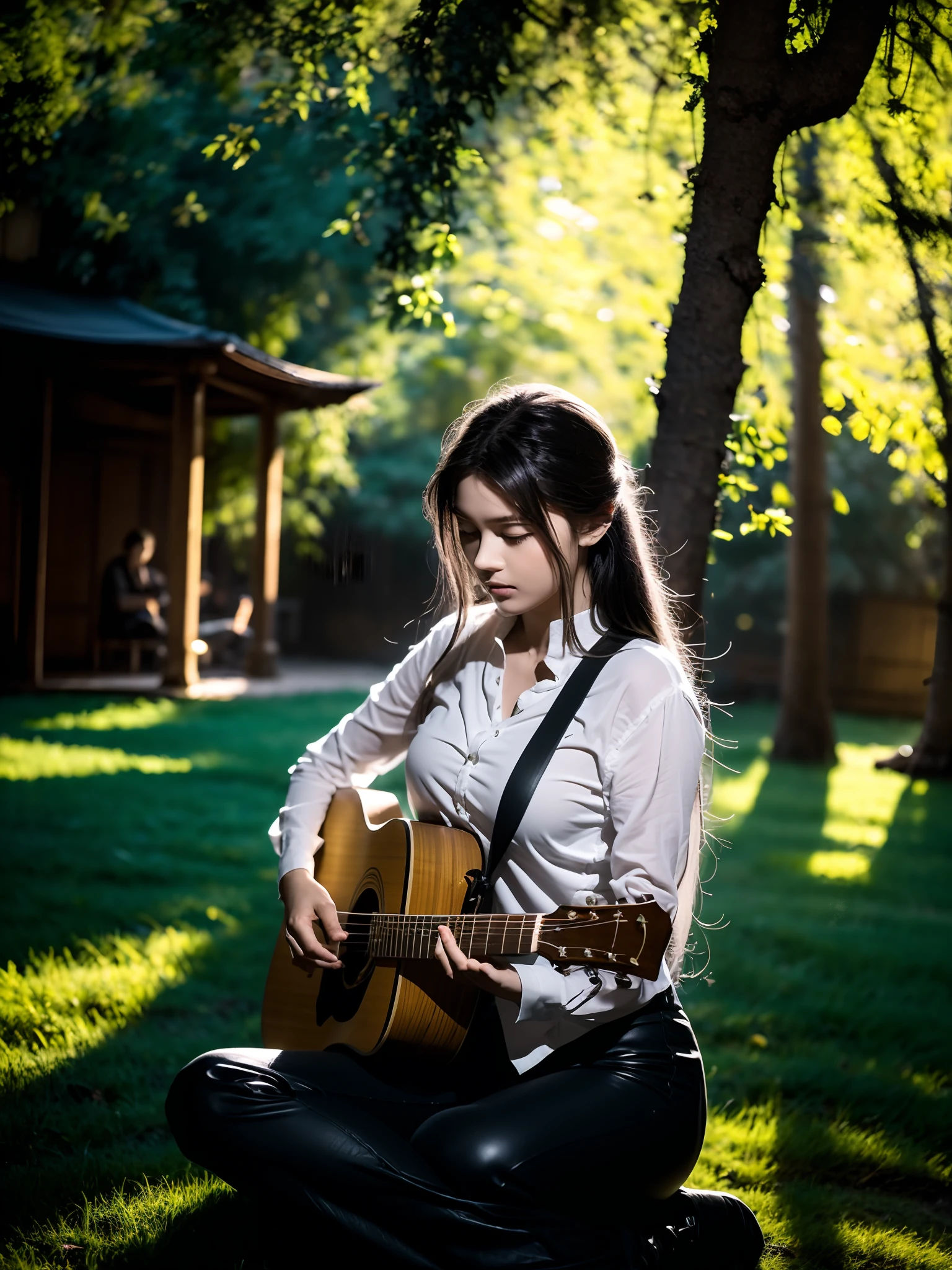 Quiet nights，1 Girl sitting under a large tree in the forest，Holding a guitar in his hand，Play beautiful melodies。The surrounding trees sway gently in the breeze，Occasionally a few night birds fly by，Makes a crisp chirping sound