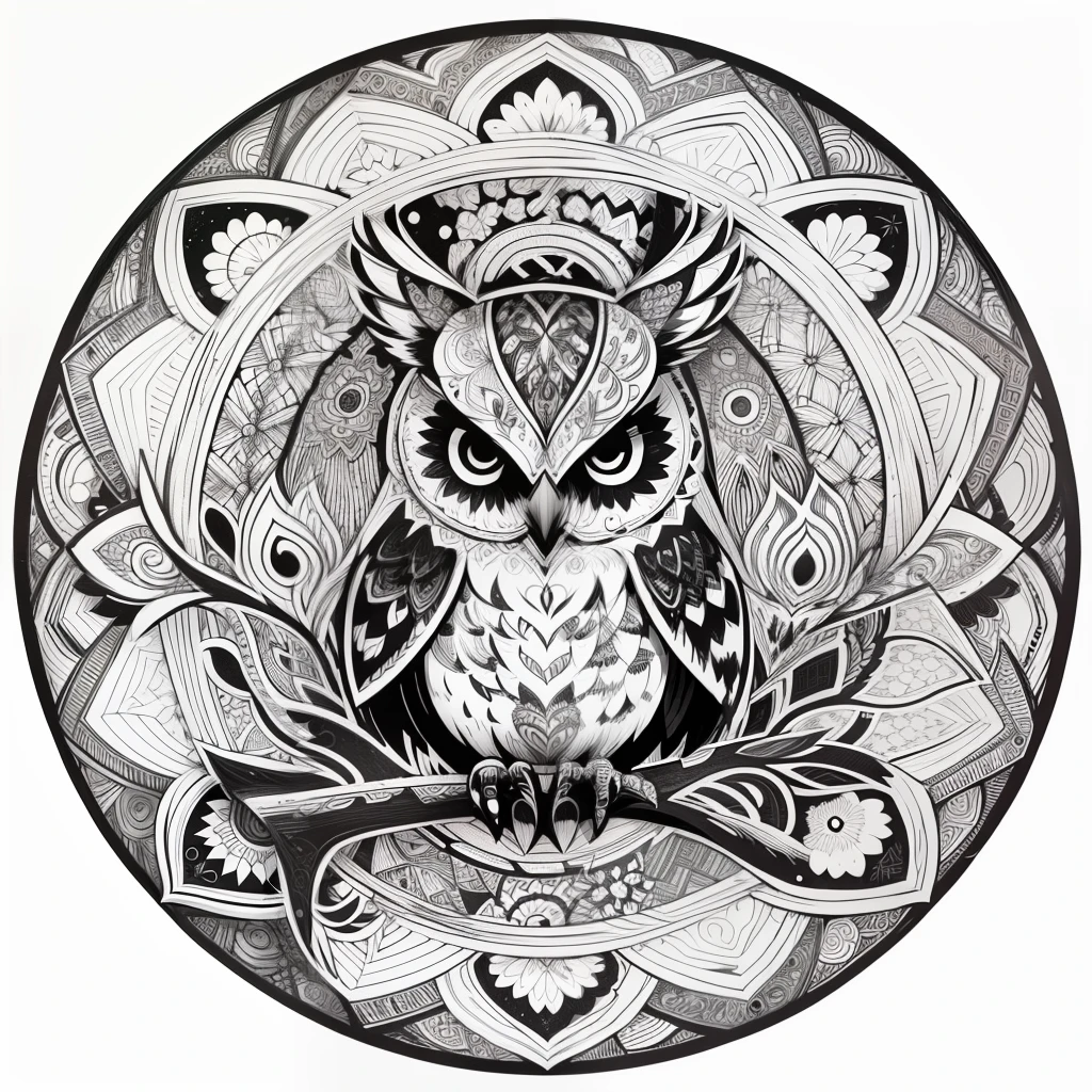 zentangle, fine line art, fine line drawing, coloring book illustratio style, vector art, white and black  graffiti illustration,owl, in the center, white and black colors, paint splashes and blots, Adobe Illustrator, high detail, whitebackground