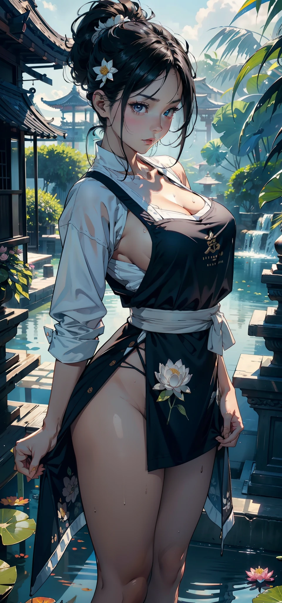 1female，35yo，熟妇，long leges，Big  Thin waist，Slim，huge-breasted ，Pornographic exposure， 独奏，（Background with：bamboo forrest，lotuses，lotus flower，exteriors，Lotus pond） She has short black hair，Stand on a stone in a lotus pond，Sweat profusely，drenched all over the body，seen from the front， hair straight， mostly cloudy sky，（（（tmasterpiece），（Very detailed CG unity 8K wallpaper），best qualtiy，cinmatic lighting，detailed back ground，beatiful detailed eyes，Bright pupils，Black eyes，（Very fine and beautiful），（Beautiful and detailed eye description），ultra - detailed，tmasterpiece，）），facing at camera，A high resolution，ultra - detailed），revealing breasts，Bare ，  Bulge，legs are open，Raised sexy，Camel toes，Flushed complexion，Open-mouthed，frontage，White floral headband，elementary student（Wearing：Sexy apron，athletic sneakers）The camera looks from the bottom up