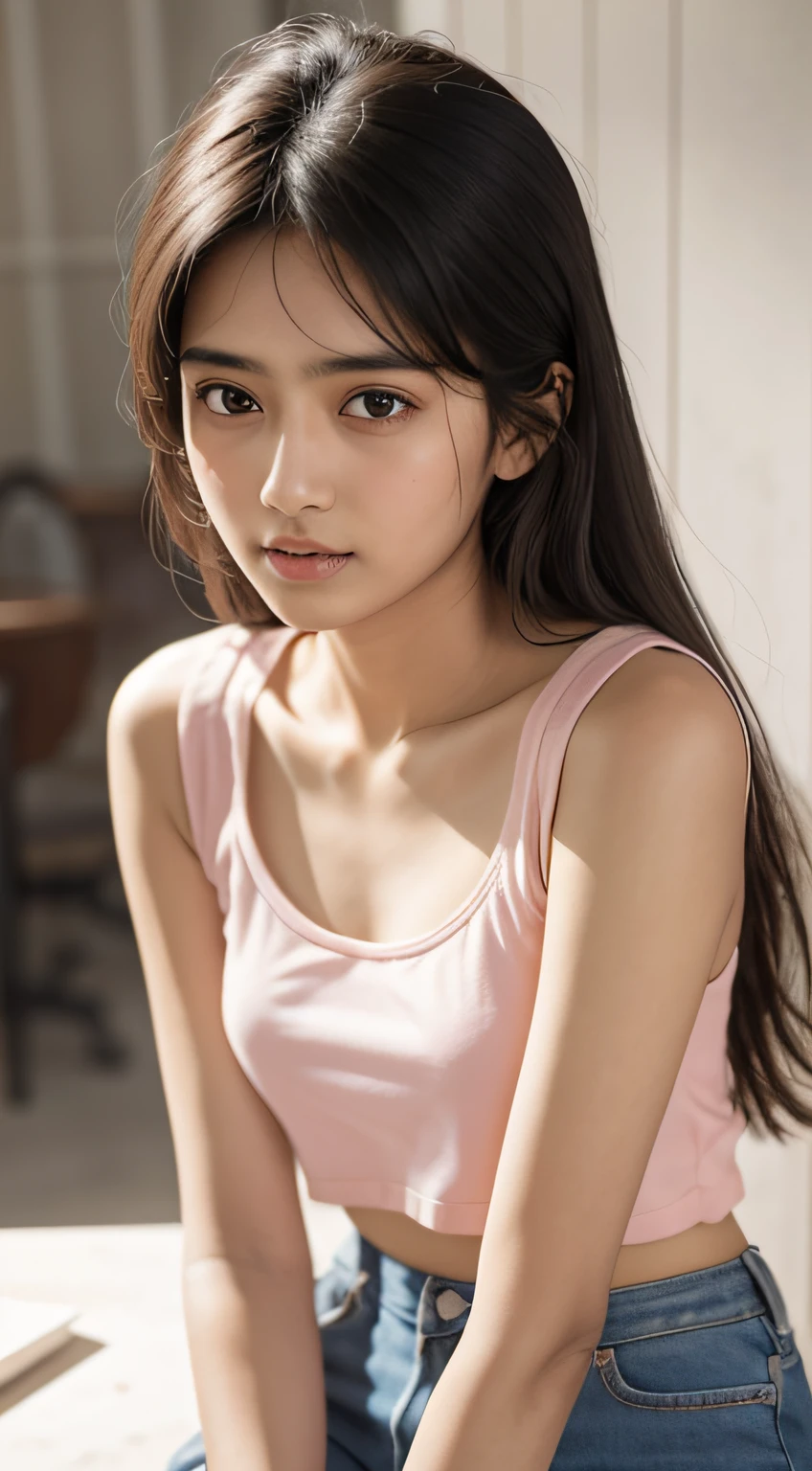 young Indian girl , 18-year-old, pink top and shorts, sexy body, in a cafe, gentle lighting, intricate facial details, flawless complexion, top-notch 3D rendering.