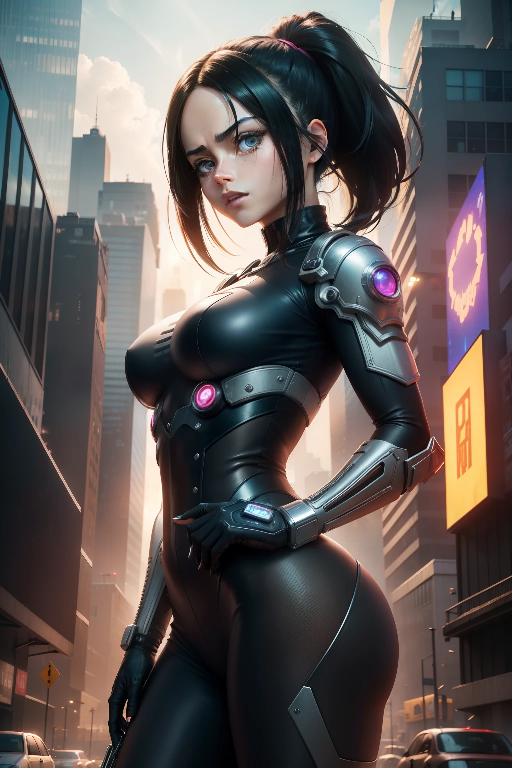 New York, time square, Alita, known as "Battle Angel", is the main character of the manga "Battle Angel Alita" created by Yukito Kishiro. She is a fearless cyborg with a mysterious past and exceptional combat skills. Endowed with great curiosity and compassion, Alita explores the futuristic town of Scrapyard in search of her true identity. Her angelic face with wide, haunting eyes contrasts with her determination and lethal skills as she fights mechanical and human threats, evolving both emotionally and physically over the course of the series. Alita embodies the fusion of humanity and technology, exploring themes of identity, justice and self-discovery, (Best Quality: 1.0), (Ultra Highres: 1.0), highly detailed face and eyes, (Photorealistic: 1.2)