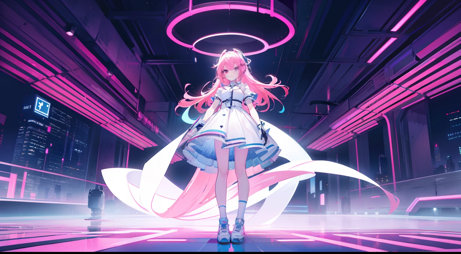 Masterpiece，neonlight，Ray traching，A girl stands in the middle of the picture,White dress,Long loose pink hair,Neon City,