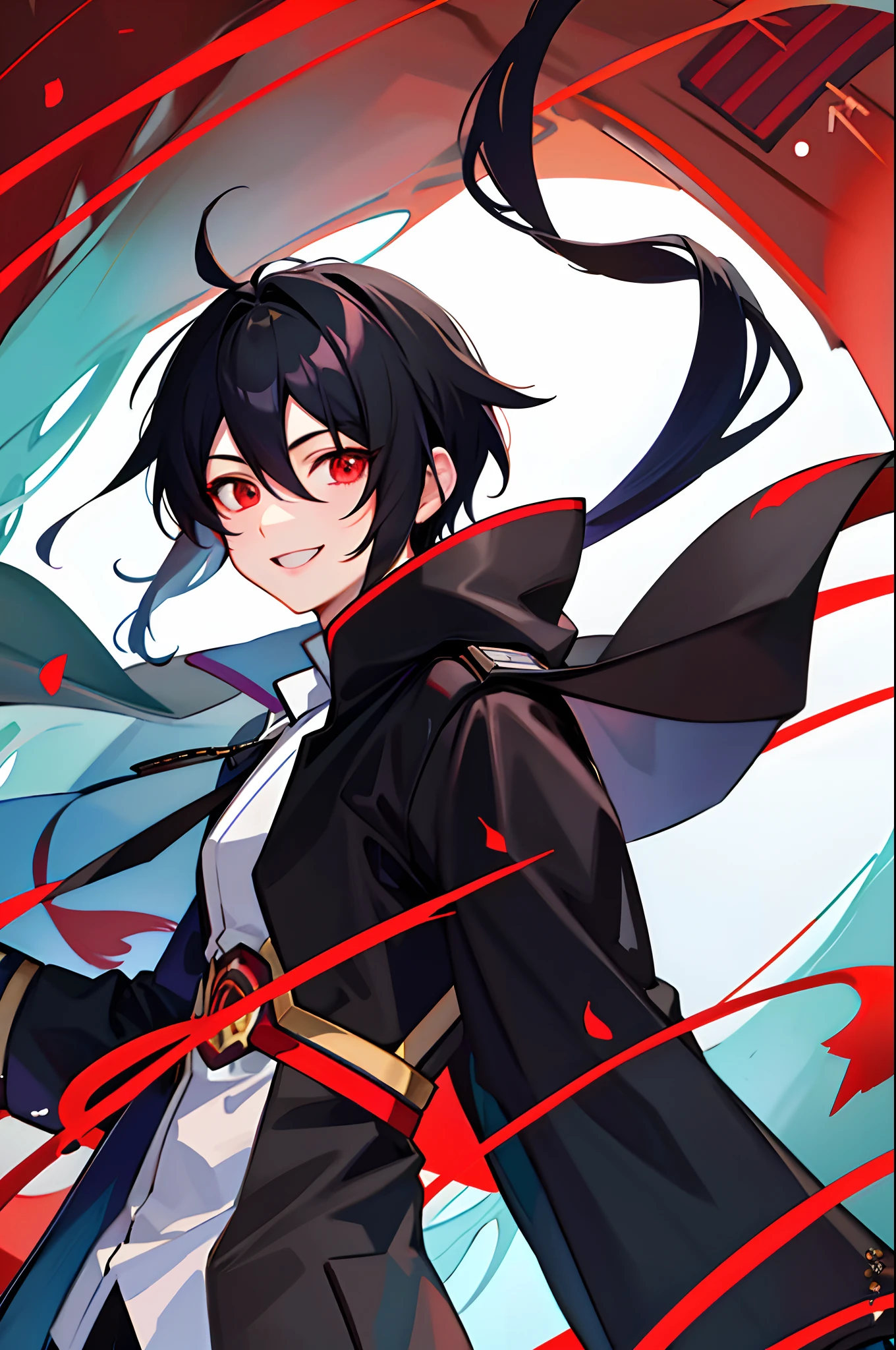(Highest image quality), quadratic element,Anime figure, Red eyes, Black hair,male anime character, Anime moe art style, Character art portrait,Single horsetail, confident smile