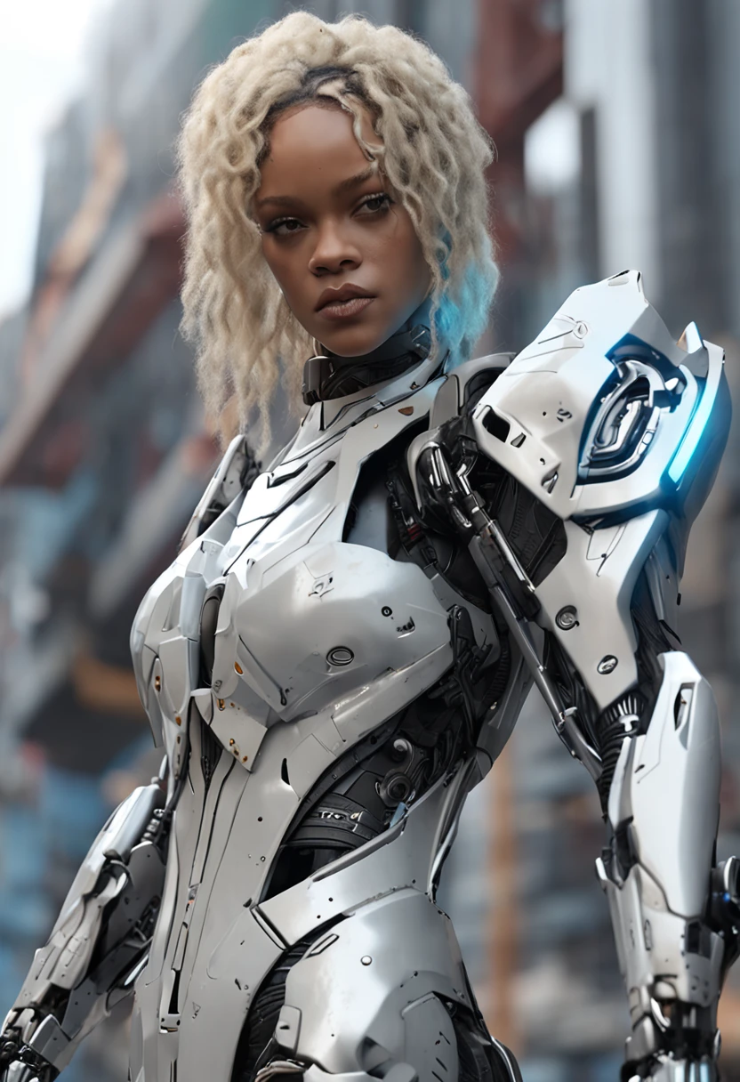 Rihanna with a white short hair, white mecha suit + black armor with silver parts, long, short golden hair, hair with bangs in front of her eyes, helmet on her head, sparkling blue eyes, looking at the viewer, ((( pose interacting and leaning [ on an object | on something in the environment]))), right-handed dungeon, with machines, robots, puppy, Surreal, Tense, Hot, Highly detailed, clear, Professional, 8K UHD, twilights, movie, Dark, Violent, plein air , river, buttle, well-detailed fingers, well-detailed hand, perfect_hands,chase, dramatic, vivid, tense atmosphere, rendered, epic, twilights, nffsw, album covers, blizzard, lightning, disaster, boiling lava waterfall, ((full length): 1.5). 16k, UHD, best possible quality, ultra detailed, best possible resolution, Unreal Engine 5, professional photography, perfect_hands, [princesa_zelda], ((zelda_breath_of_the_wild)),