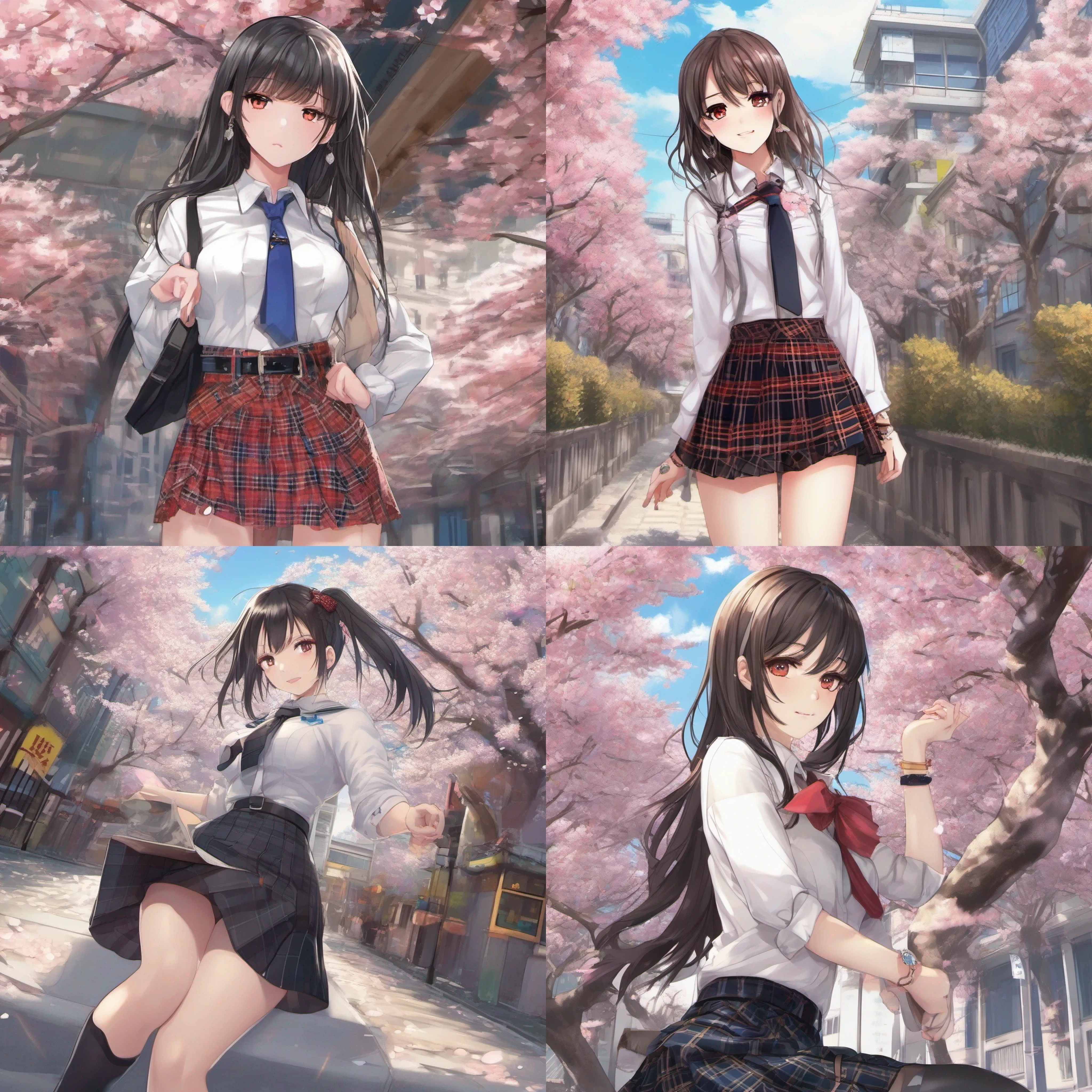 masterpiece, best quality, full body, 1girl, bangs, black choker, black necktie, black hair, blue skirt, blush, bracelet, breasts, choker, clothes around waist, collarbone, collared shirt, cowboy shot, dress shirt, ear piercing, eyebrows visible through hair, gradient hair, grin, gyaru, jewelry, kogal, long hair, looking at viewer, loose necktie, necktie, piercing, plaid, plaid skirt, pleated skirt, red eyes, ring, school uniform, shirt, skirt, smile, solo, white shirt, street, sky, cherry blossoms, petals,illustration, (magazine:1.3), (cover-style:1.3), fashionable, woman, vibrant, outfit, posing, front, colorful, dynamic, background, elements, confident, expression, holding, statement, accessory, majestic, coiled, around, touch, scene, text, cover, bold, attention-grabbing, title, stylish, font, catchy, headline, larger, striking, modern, trendy, focus, fashion,