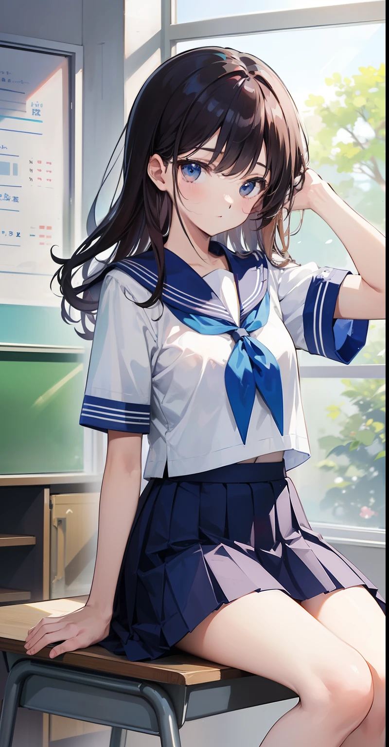 master piece, best quality, Altas, YM1, Blue sailor collar, blue skirt, short sleeves, white shirt, White socks, Serafuku, pleated skirt, School uniform, Blue sheet, sitting, classroom, window, hand up,