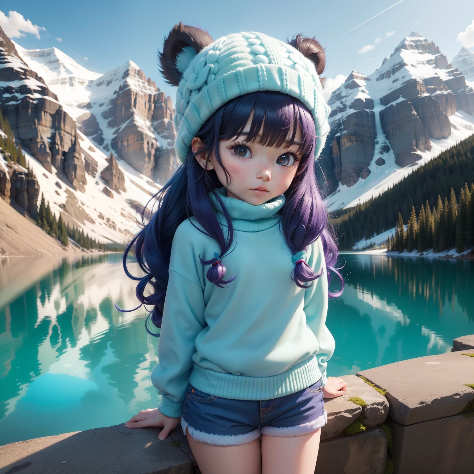 Cute Chibi Anime,long curly hair in aqua blue,White Turtleneck Knitwear,Purple Lame Shorts,Canadian Rockies,Moraine Lake,Koalas eat eucalyptus