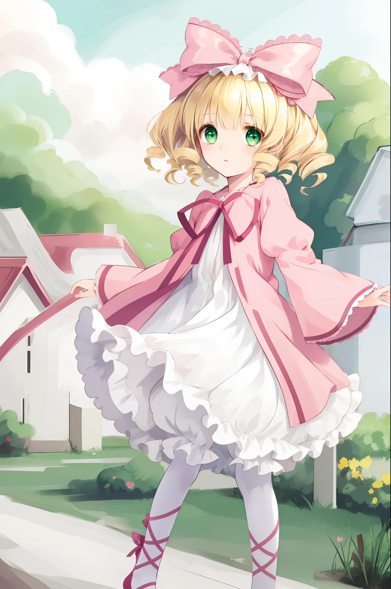 1girl, solo, hair bow, pink ribbon, drill hair, blonde hair, green eyes, short hair, pink dress, white bloomers, white pantyhose, hinaichigo, outdoors,