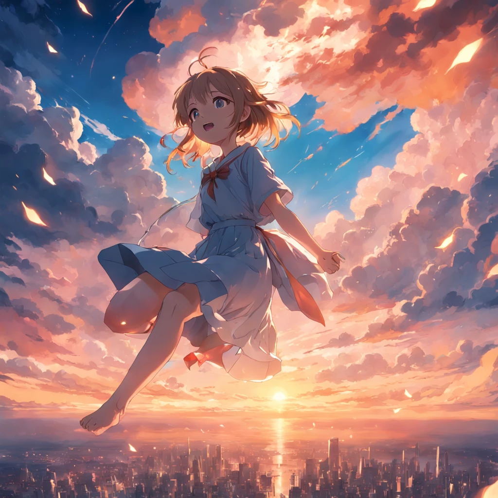 masterpiece, best quality, movie still, 1girl, cloud girl, floating in the sky, close-up, bright, happy, warm soft lighting, sunset, (sparks:0.7)