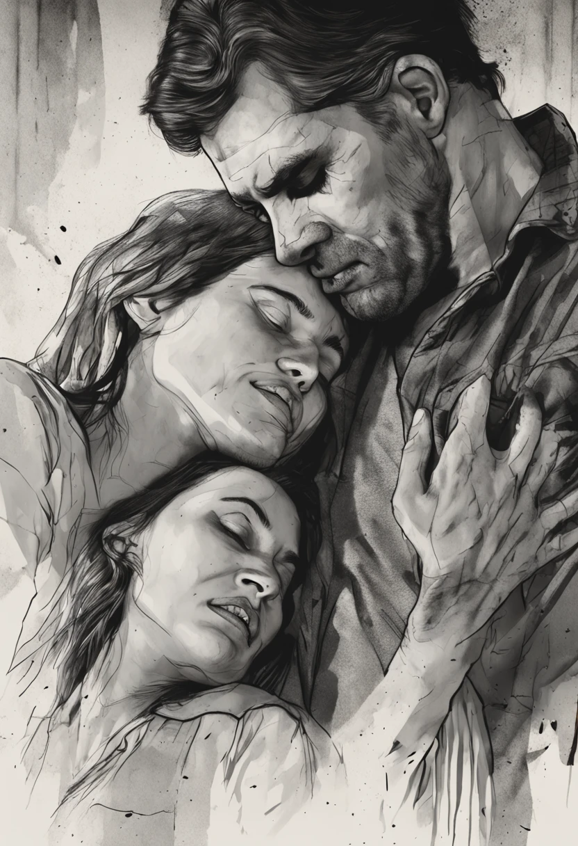 Full body photo of a man and a woman hugging together, 35 mm,Low angle, Photorealistic, ultra-sharpness,ultra - detailed,Capture his melancholy with fluid brushstrokes,The man pinched the woman's neck,The woman holds a knife in her hand
