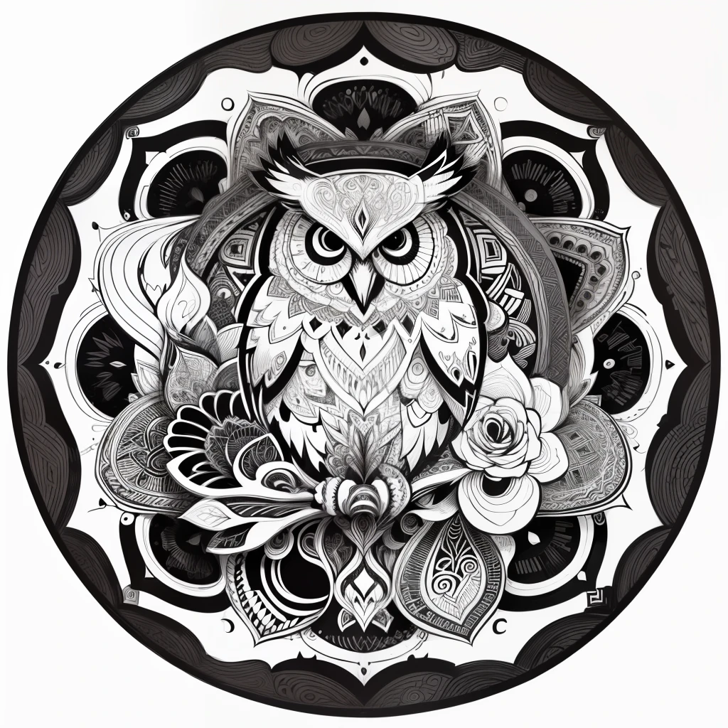 zentangle, fine line art, fine line drawing, coloring book illustratio style, vector art, white and black  graffiti illustration,owl, in the center, white and black colors, paint splashes and blots, Adobe Illustrator, high detail, whitebackground