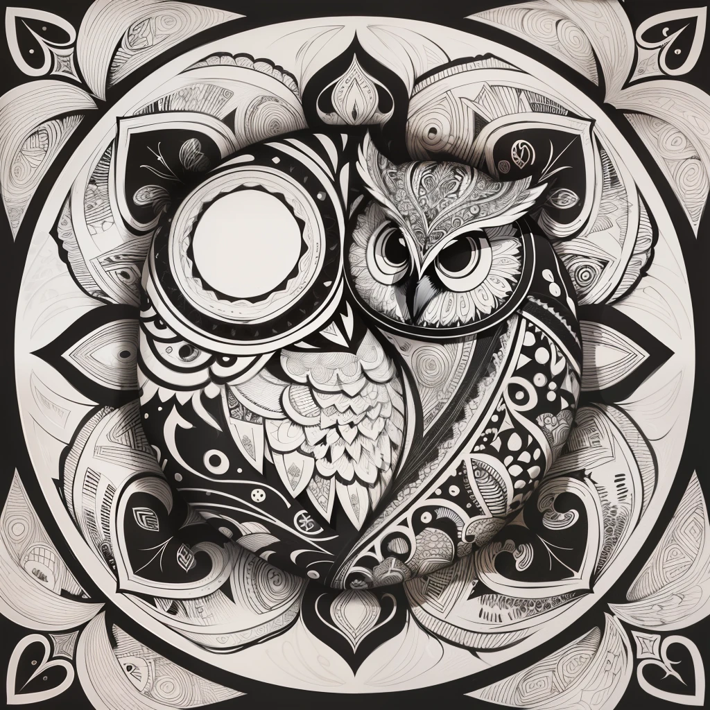 zentangle, fine line art, fine line drawing, coloring book illustratio style, vector art, white and black graffiti illustration,owl, in the center, white and black colors, paint splashes and blots, Adobe Illustrator, high detail, whitebackground