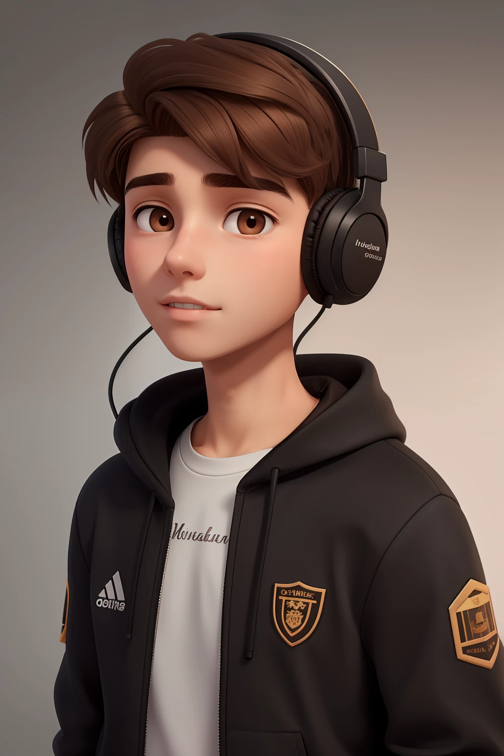 A young man of , with medium lenght brown hair, brown eyes, angular jaw, adolescent, teen, wearing black headphones.