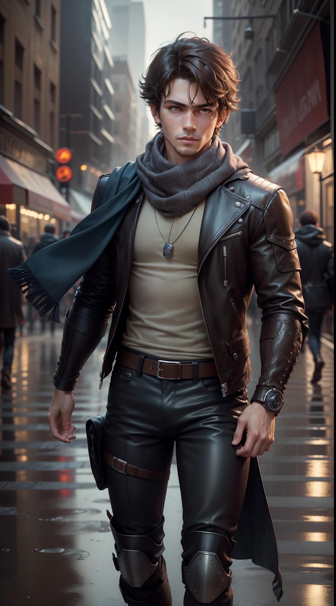 masterpiece, high resolution, extreme detail, best quality, real light and shadow, solo, full body, boy with dark brown hair, cool cowhide fashion outfit, blue, handsome , full pants, detailed face, detailed eyes, scarf, jacket, arm brace, technology, rainy city, wet background, swirl, sparks, superhero landing, dark brown eyes.