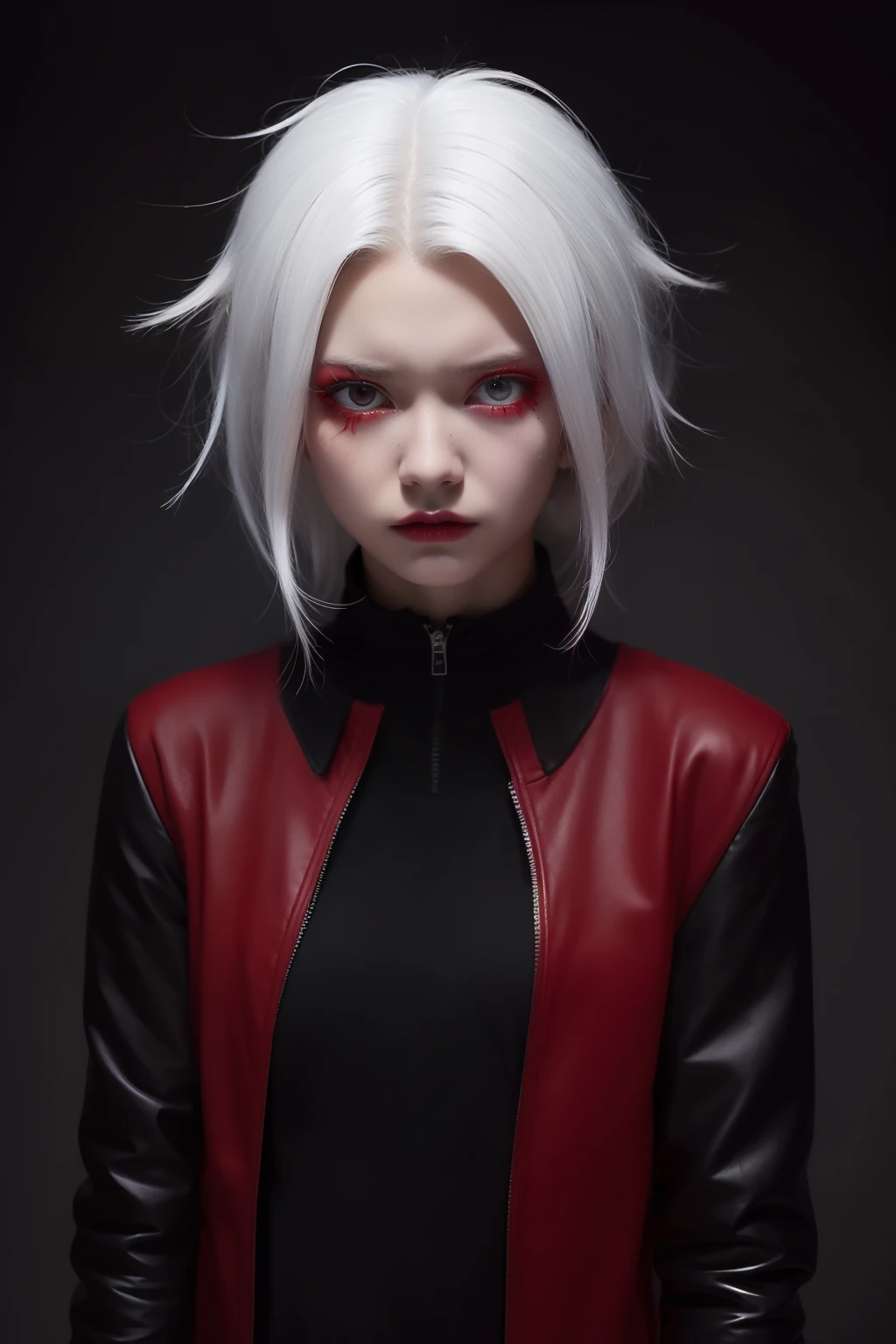 Girl villain 2D red pupils Black clothes White hair sad and lonely