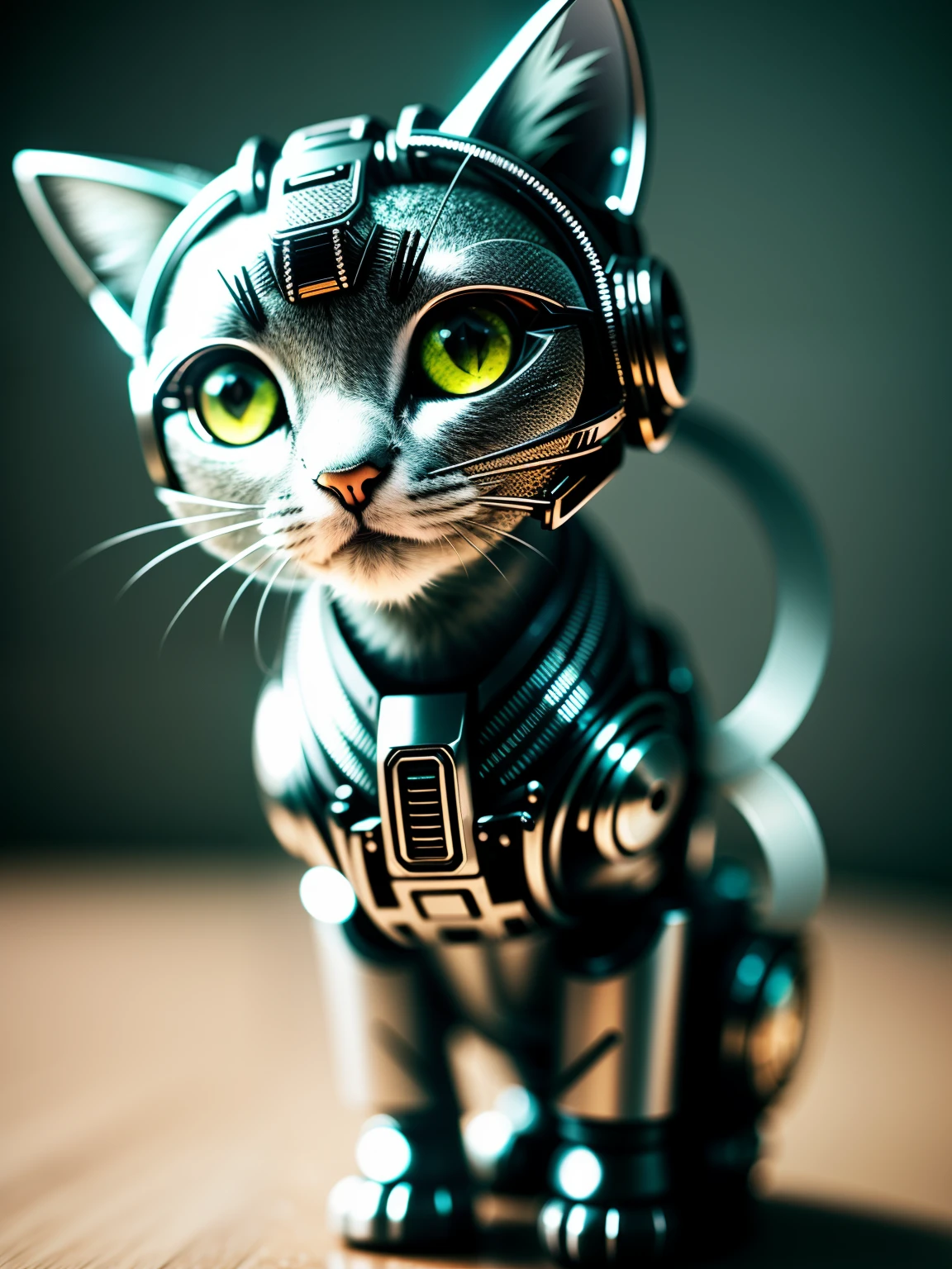 a cute kitten made out of metal，(cyborg:1.1)，([tail|detailed wire]:1.3)，(complexdetails)，hdr，(complexdetails，hyperdetailed:1.2)，Cinema lenses，Halo shadow，at centre，white colors，Sad