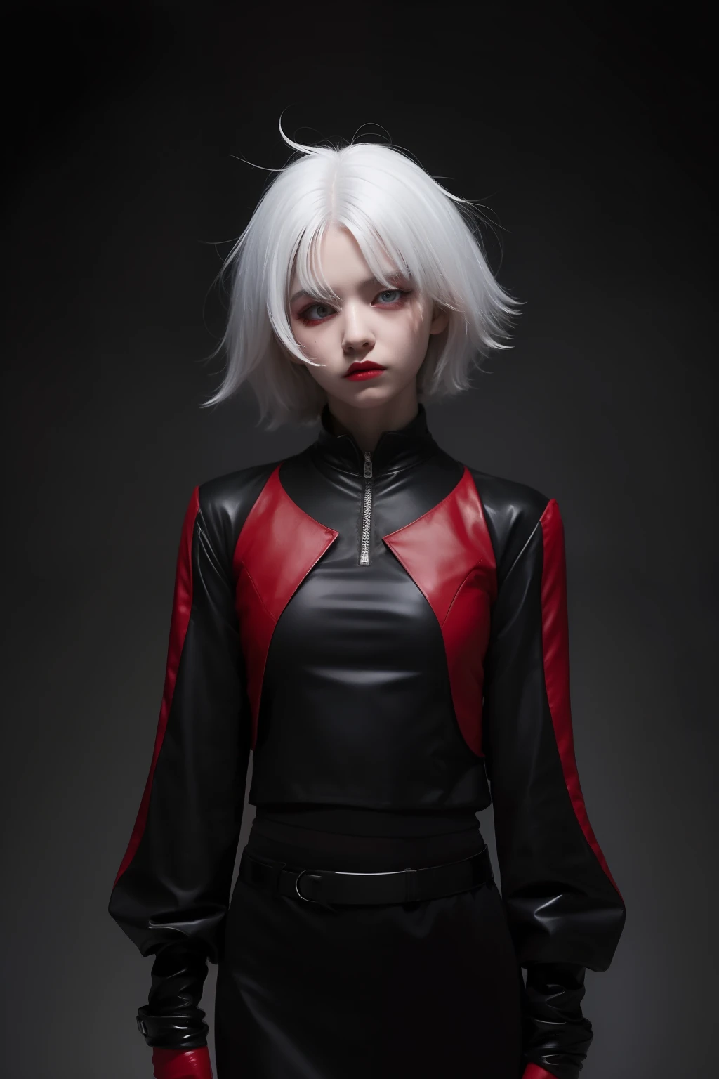 Girl villain 2D red pupils Black clothes White hair sad and lonely