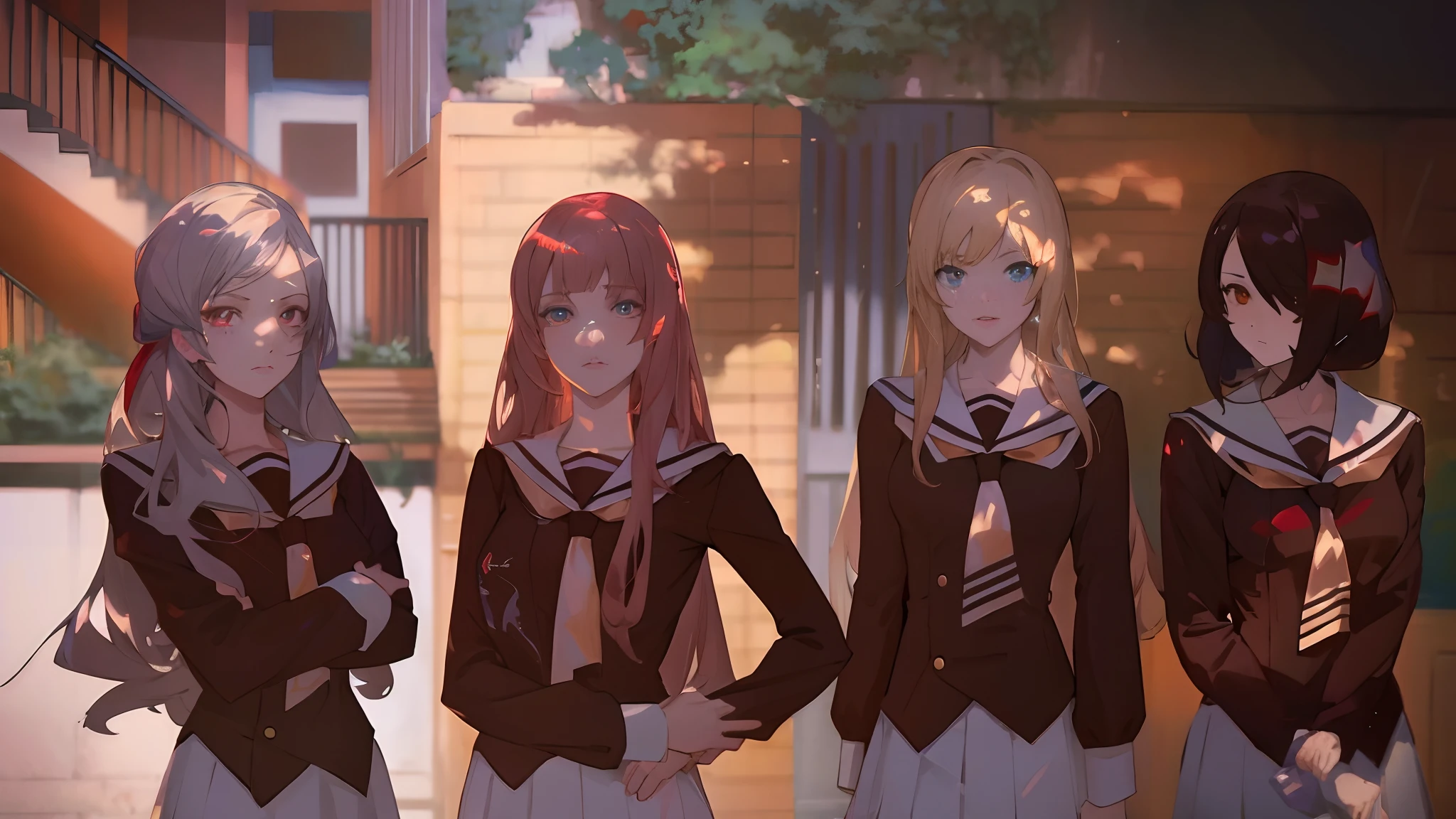 Four anime girls in school uniforms stand in front of a building, digital anime illustration, visual novel key visual, visual novel cg, smooth anime cg art, girls frontline style, anime styled digital art, digital anime art,! style anime, As fate/stay night, screenshot from the anime film, Anime so far, girls frontline cg, look at the viewer. !! beautiful anime face